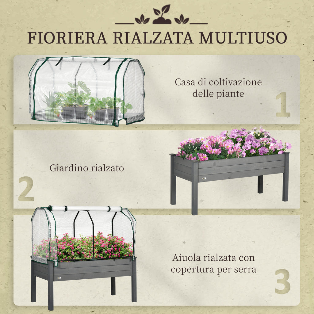Outsunny Vegetable Garden Bed with Greenhouse, Outdoor Plant Holder in Wood and PE, 121x55x117 cm, Dark Grey