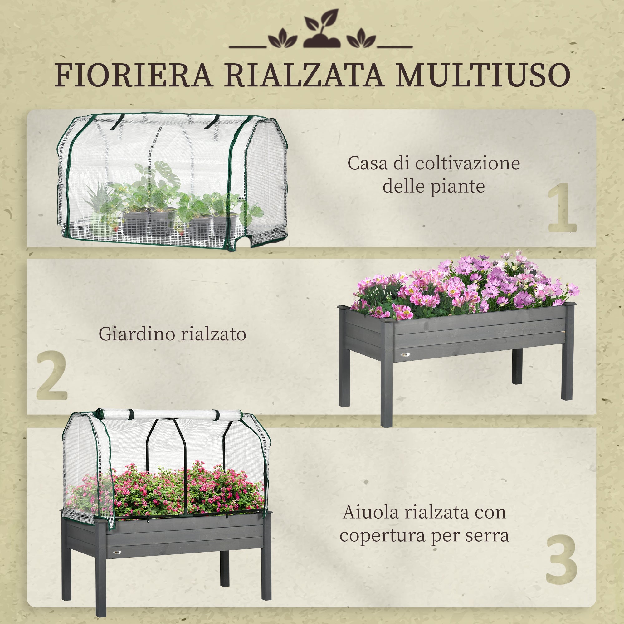 Outsunny Vegetable Garden Bed with Greenhouse, Outdoor Plant Holder in Wood and PE, 121x55x117 cm, Dark Grey