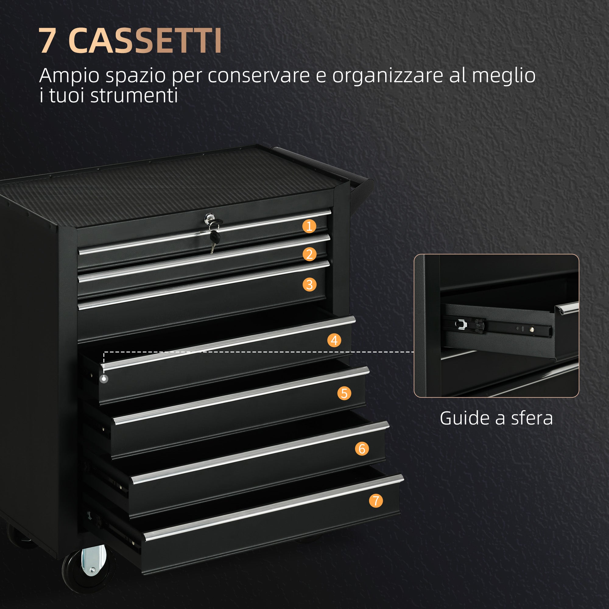 Workshop Trolley with 7 Drawers, Lock with Keys, Wheels and Handle, 69x33x75cm, Black