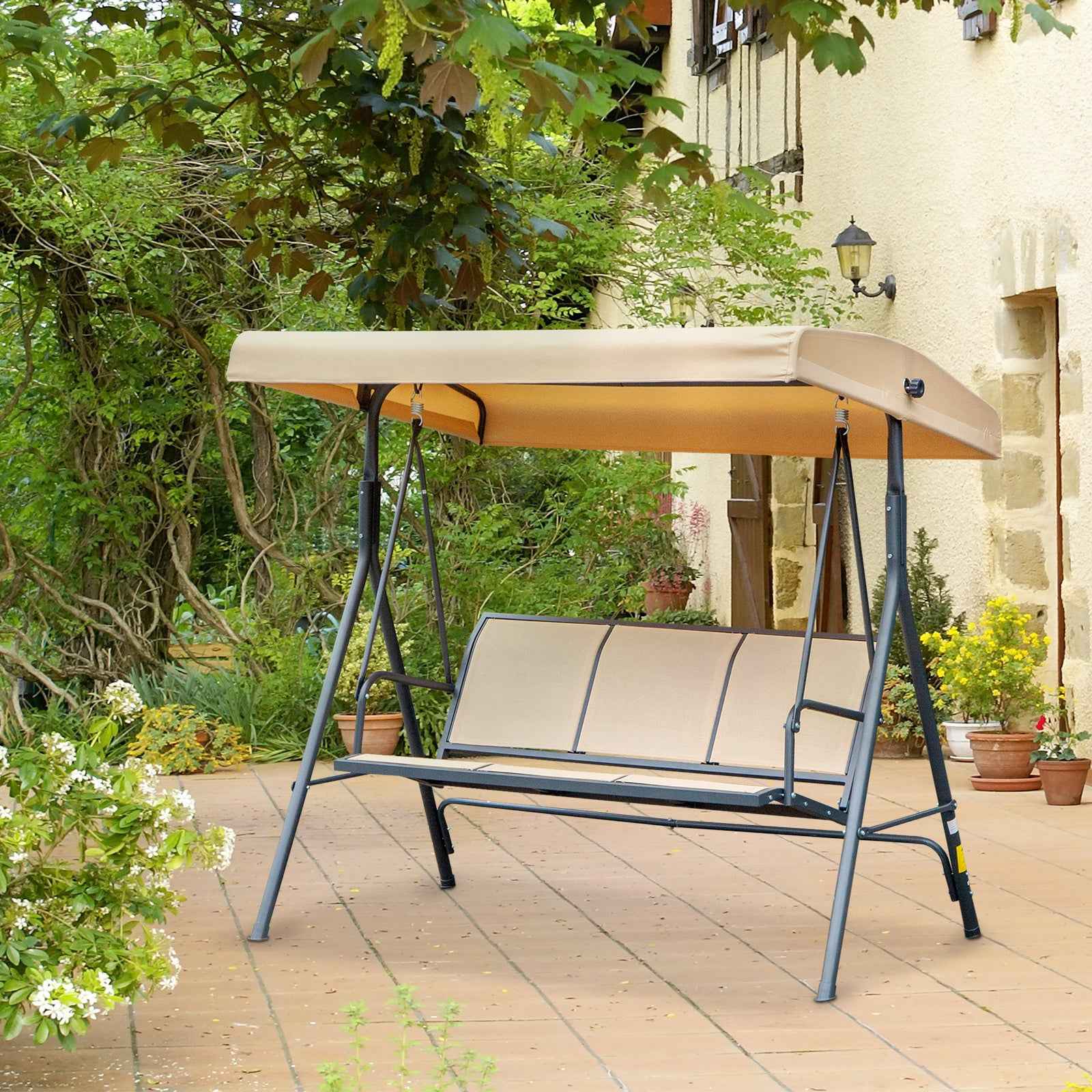 Outsunny 3-Seater Garden Swing with Canopy, Breathable Seat, and Steel Frame, Beige