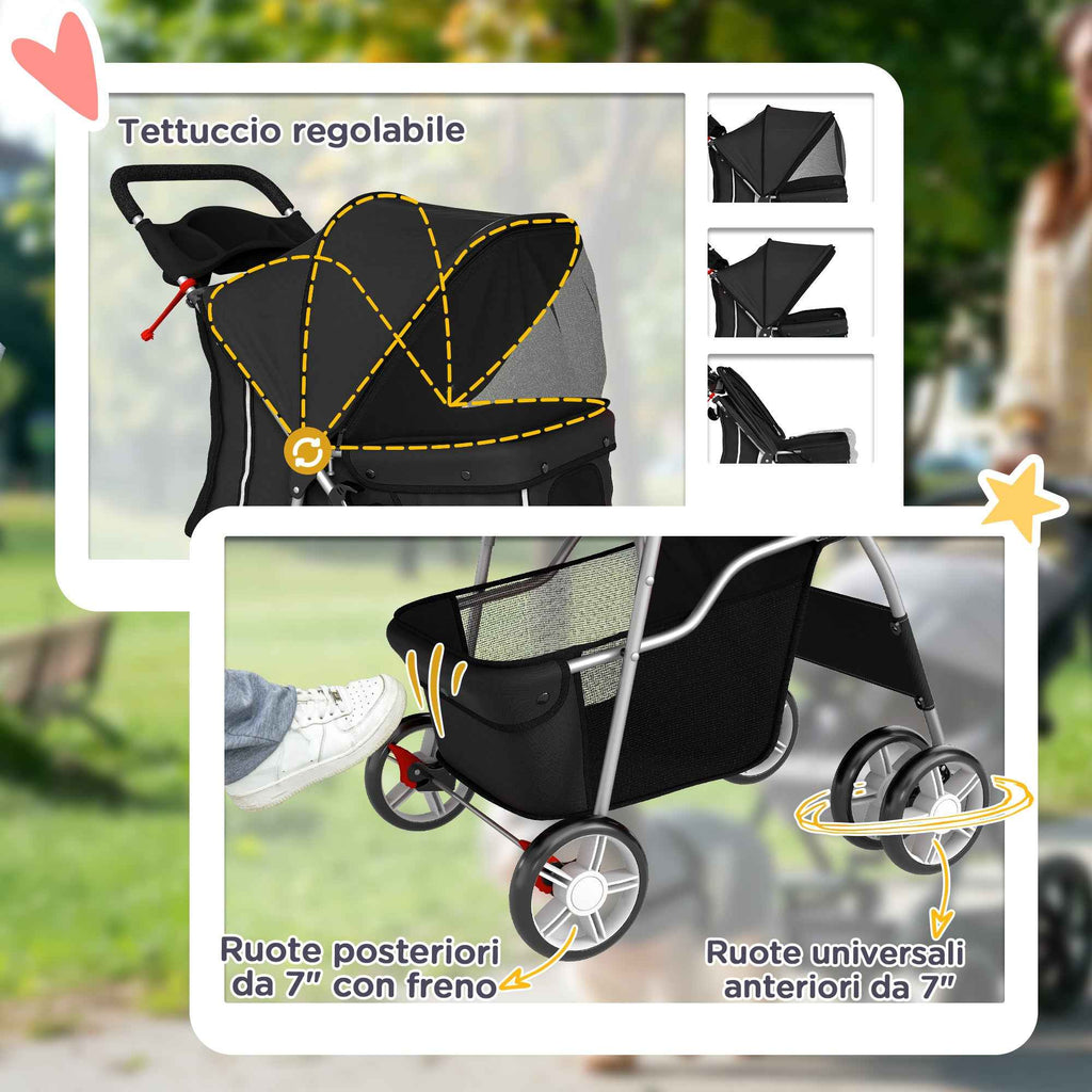 PawHut Folding Dog Stroller with Basket and Cup Holder, Max. Weight 10 kg, 77 x 44 x 102 cm, Black