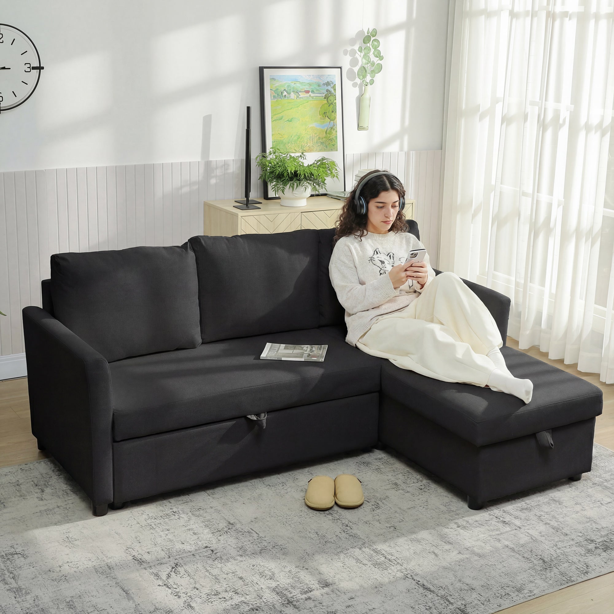 Linen-Effect Corner Sofa Bed with Retractable Storage Compartment, 192x148x86 cm, Anthracite Grey