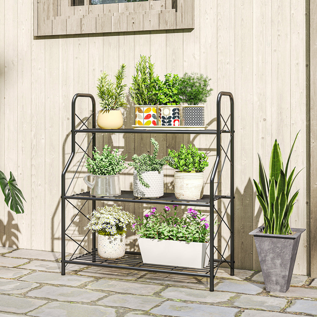 Outsunny 3-Tier Indoor/Outdoor Metal Plant Stand, 69 x 28.5 x 78 cm, Black