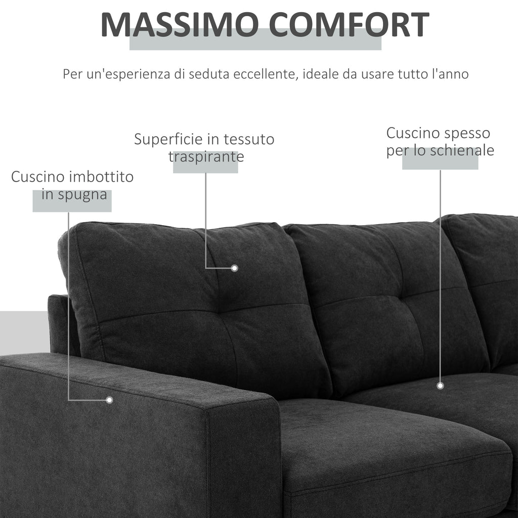 3 Seater Corner Sofa with Reversible Peninsula and Cushions, in Linen Effect Fabric, 193x136x85 cm, Black