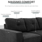 3 Seater Corner Sofa with Reversible Peninsula and Cushions, in Linen Effect Fabric, 193x136x85 cm, Black