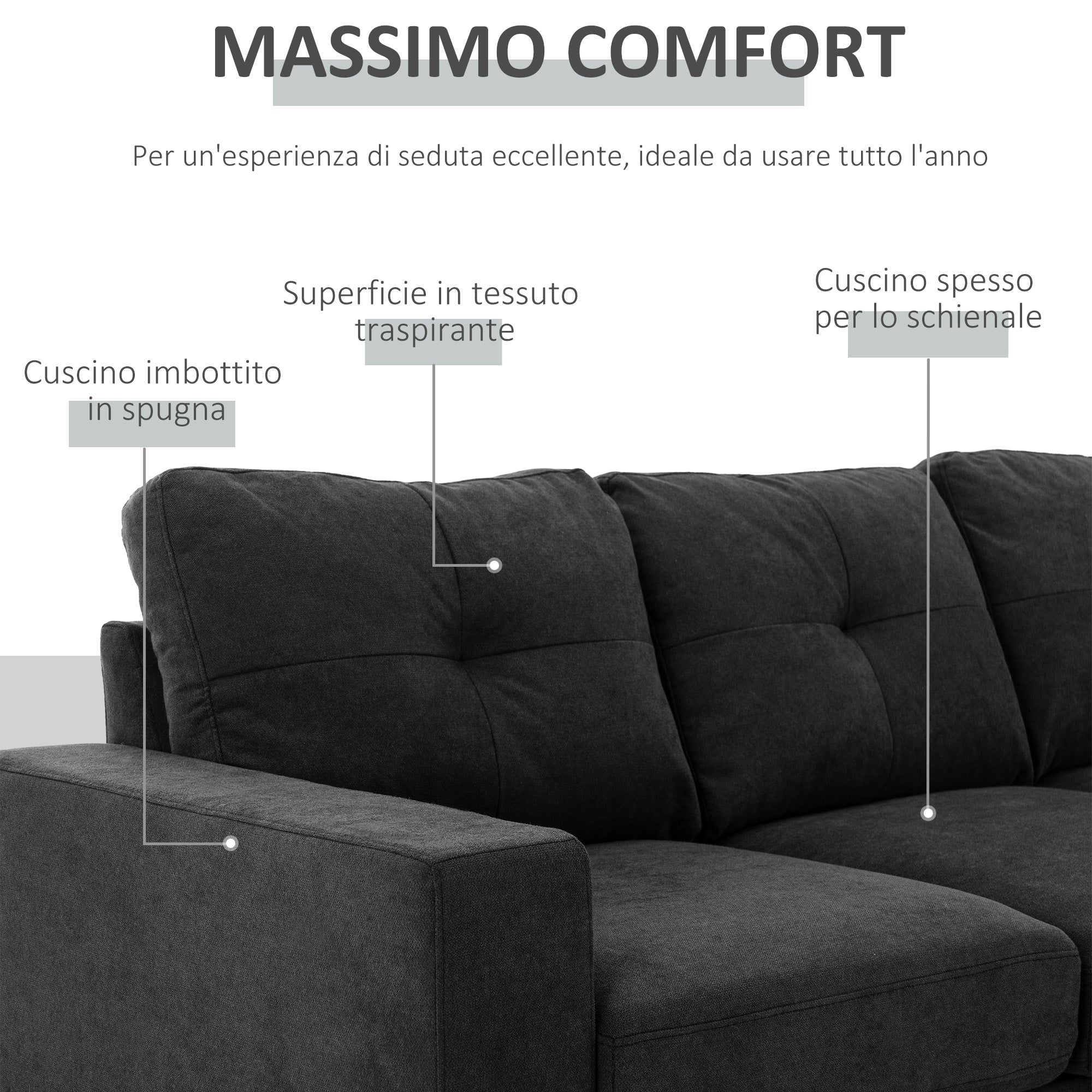 3 Seater Corner Sofa with Reversible Peninsula and Cushions, in Linen Effect Fabric, 193x136x85 cm, Black