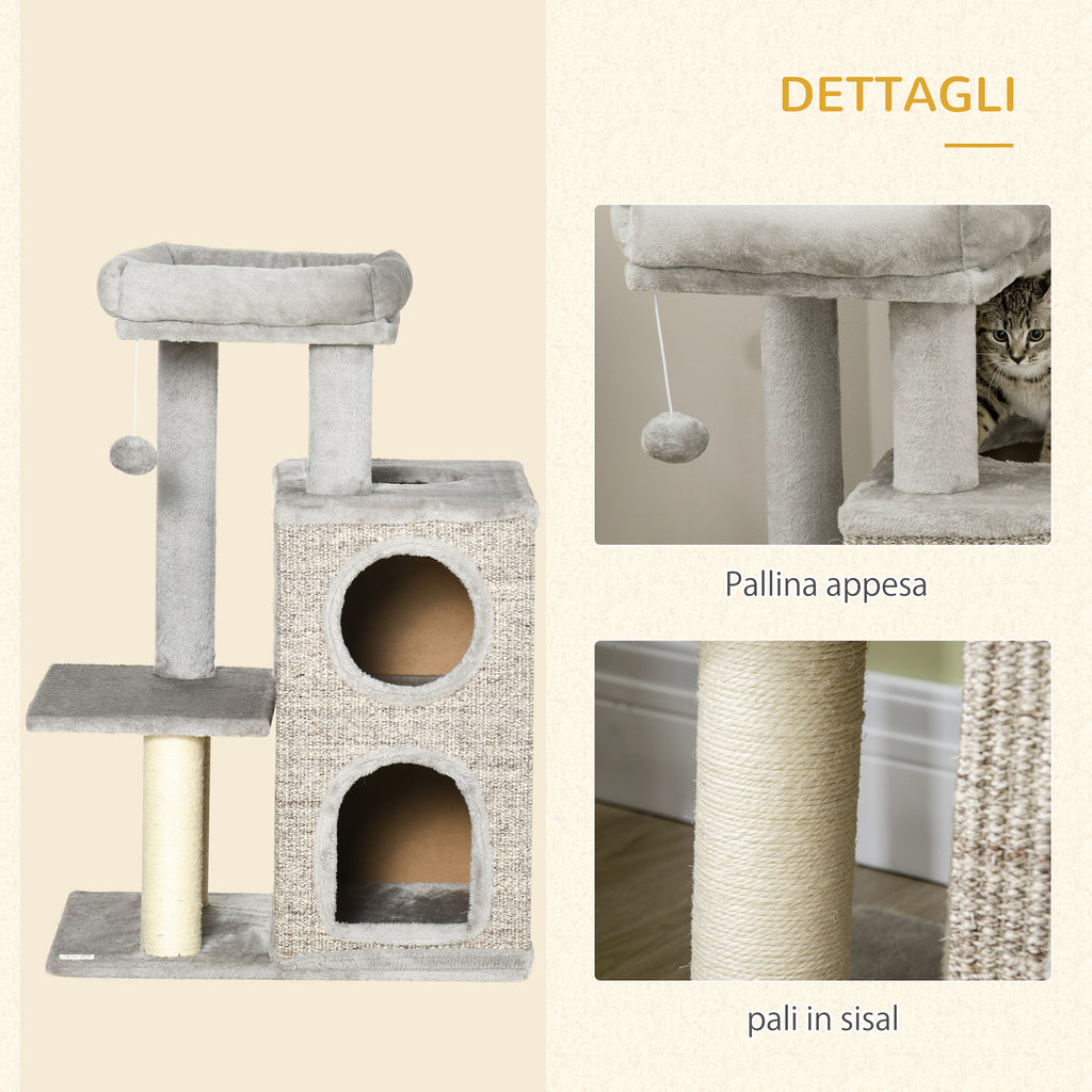 Cat Scratching Post for Cats up to 5kg with Bed and Play Ball, Made of Chipboard, Plush and Sisal, 60x40x91 cm
