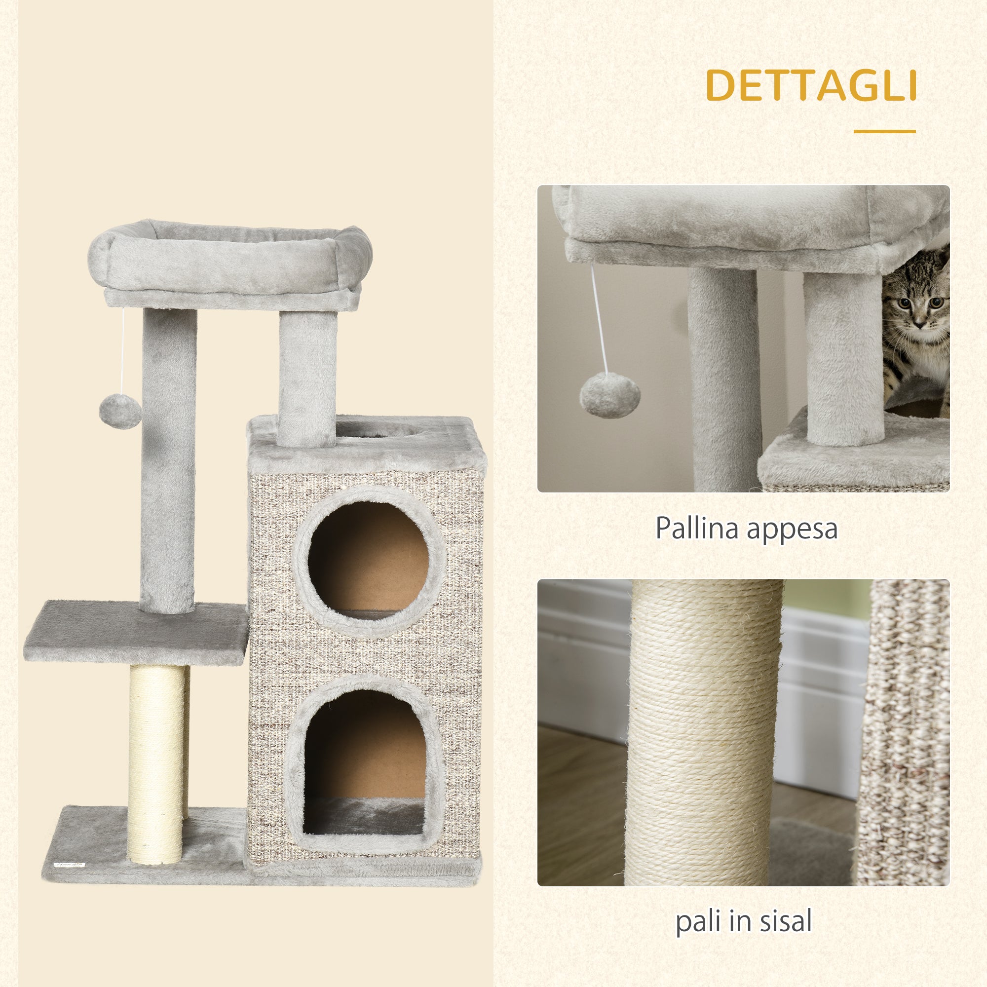 Cat Scratching Post for Cats up to 5kg with Bed and Play Ball, Made of Chipboard, Plush and Sisal, 60x40x91 cm