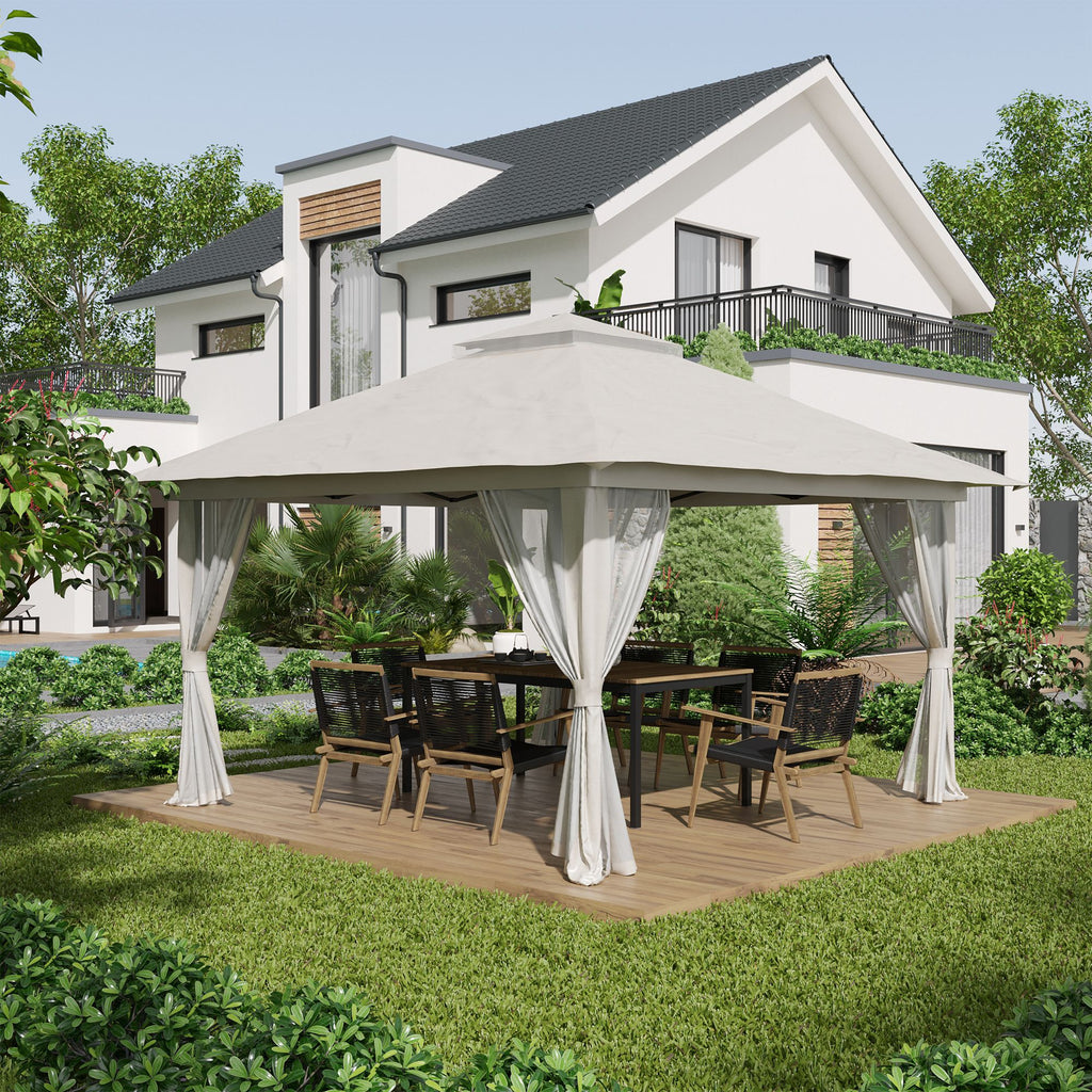 Outsunny 4x4m Adjustable Height Folding Gazebo with Mosquito Net and Bag, Metal and Oxford Fabric, Cream