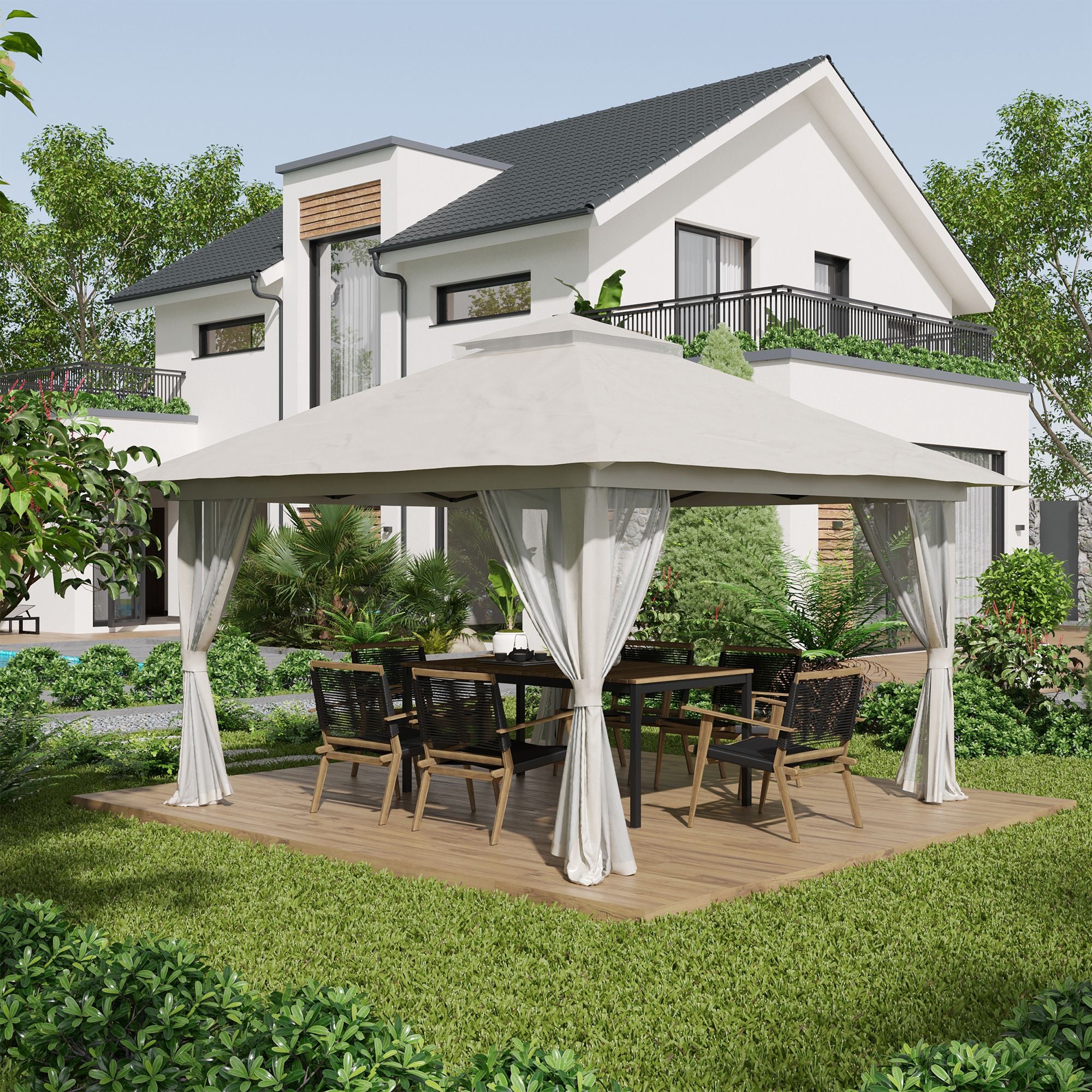 Outsunny 4x4m Adjustable Height Folding Gazebo with Mosquito Net and Bag, Metal and Oxford Fabric, Cream