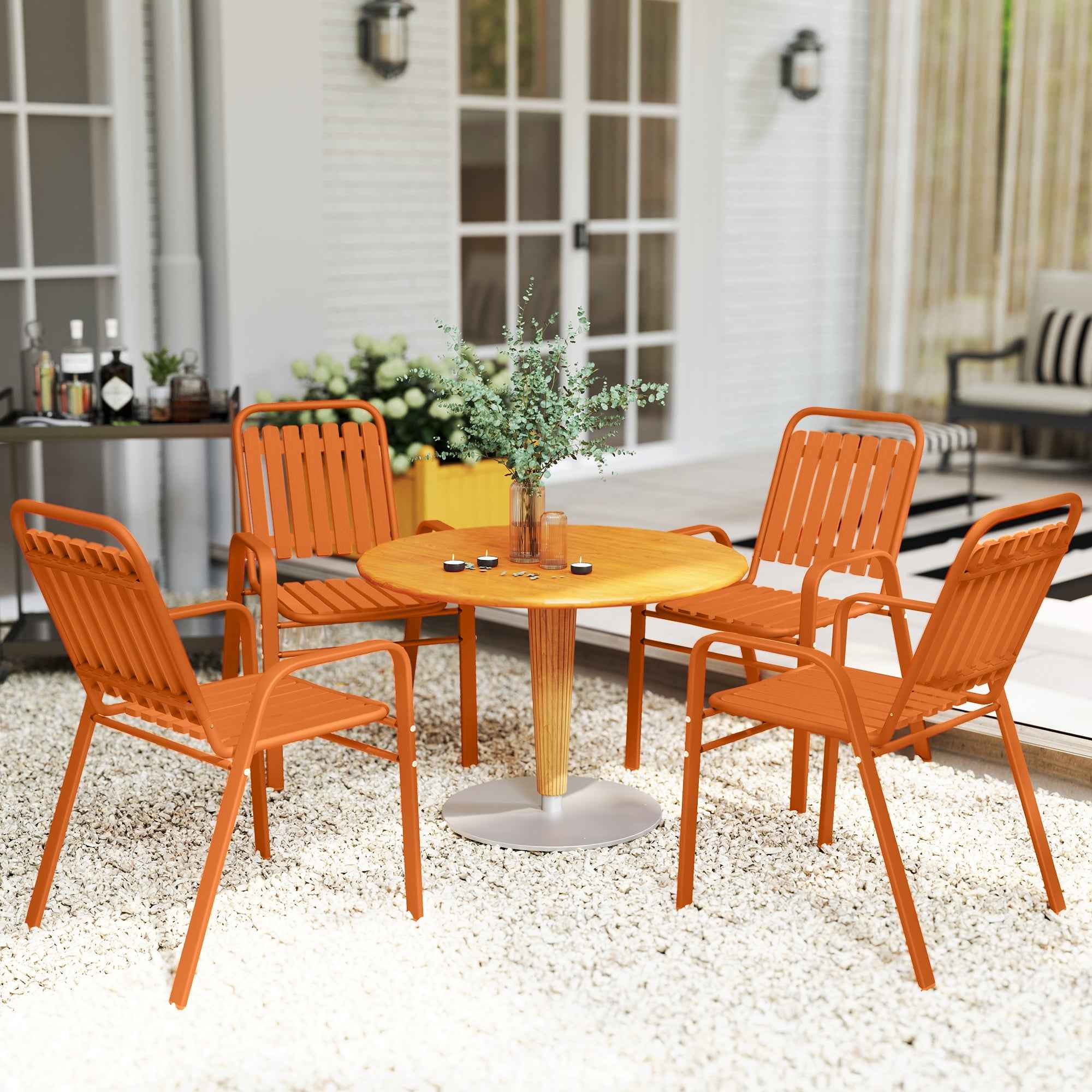 Outsunny Set of 4 Stackable Garden Chairs with High Backrest and Armrests, in PP and Steel, 56x66x91 cm, Orange
