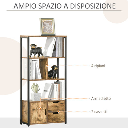 Bookcase Cabinet with 3 Shelves, Cabinet and 2 Drawers, in Chipboard and Metal, 58x24x122 cm