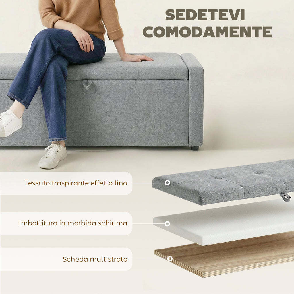 HOMCOM 142L Storage Bench, Wide Padded Seat, Linen, 200 kg Capacity, Light Grey