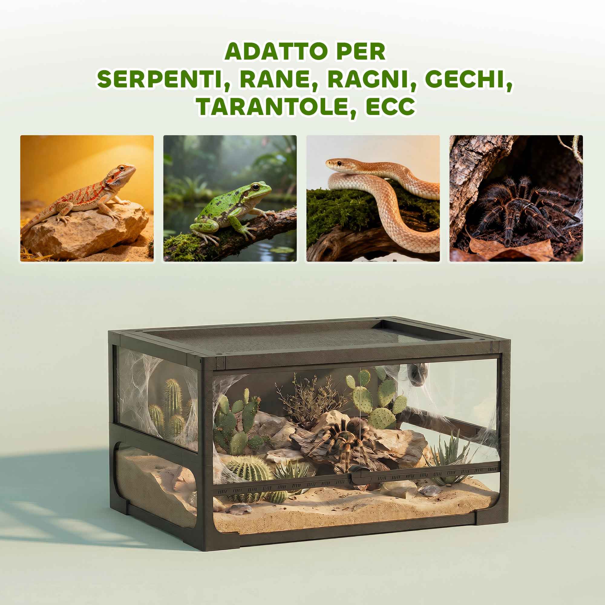 PawHut Raised and Foldable Reptile House with Tempered Glass and Plastic Lid and Walls, 60x45x32 cm, Black