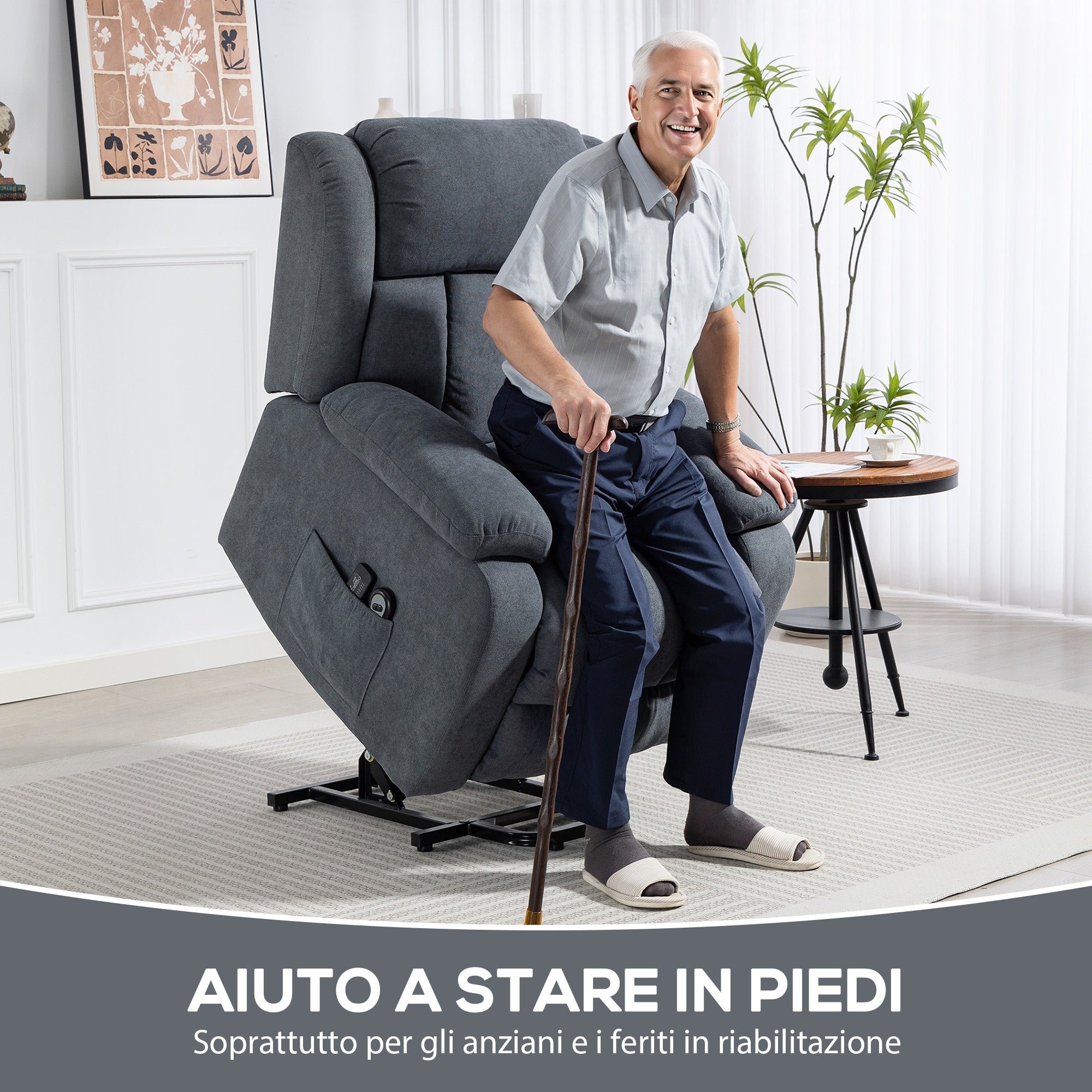 135° Electric Lift Reclining Chair in Linen Effect Fabric with Footrest, Dark Grey