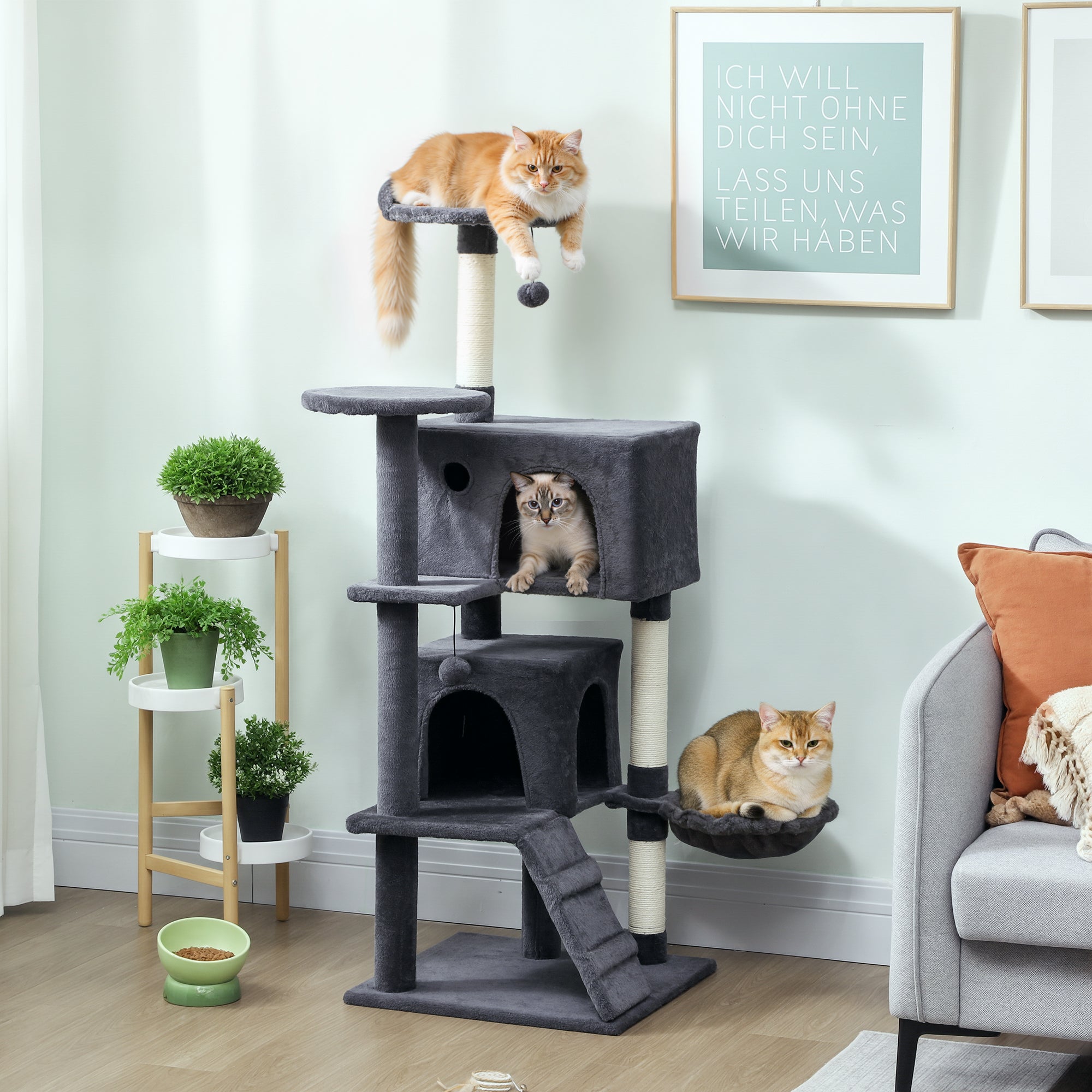 140cm Tall Cat Tree with 2 Houses, Bed and Hammock for 2-3 Cats, Plush Cover, Grey