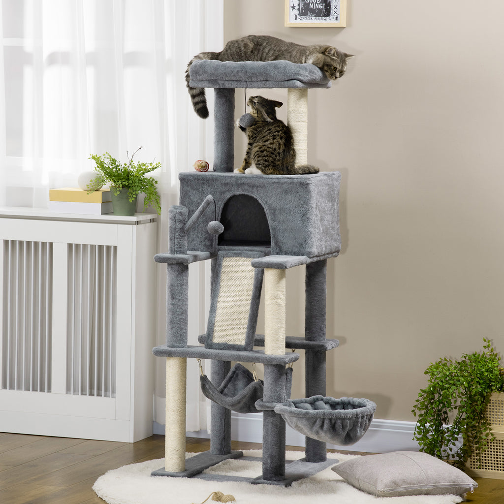 Cat Tree with Sisal Poles, House, Bed and Hammocks, 48x48x140cm, Grey
