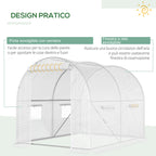Tunnel Greenhouse with 4 Windows and Zip Entrance in Galvanized Steel and PE, 3x2x1.9 m, White