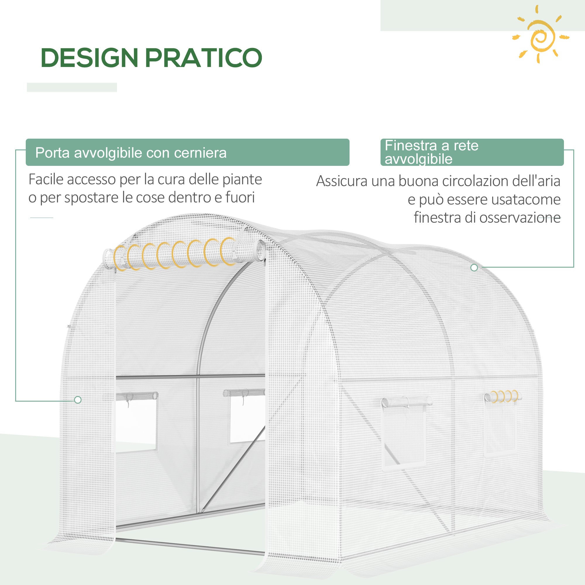 Tunnel Greenhouse with 4 Windows and Zip Entrance in Galvanized Steel and PE, 3x2x1.9 m, White