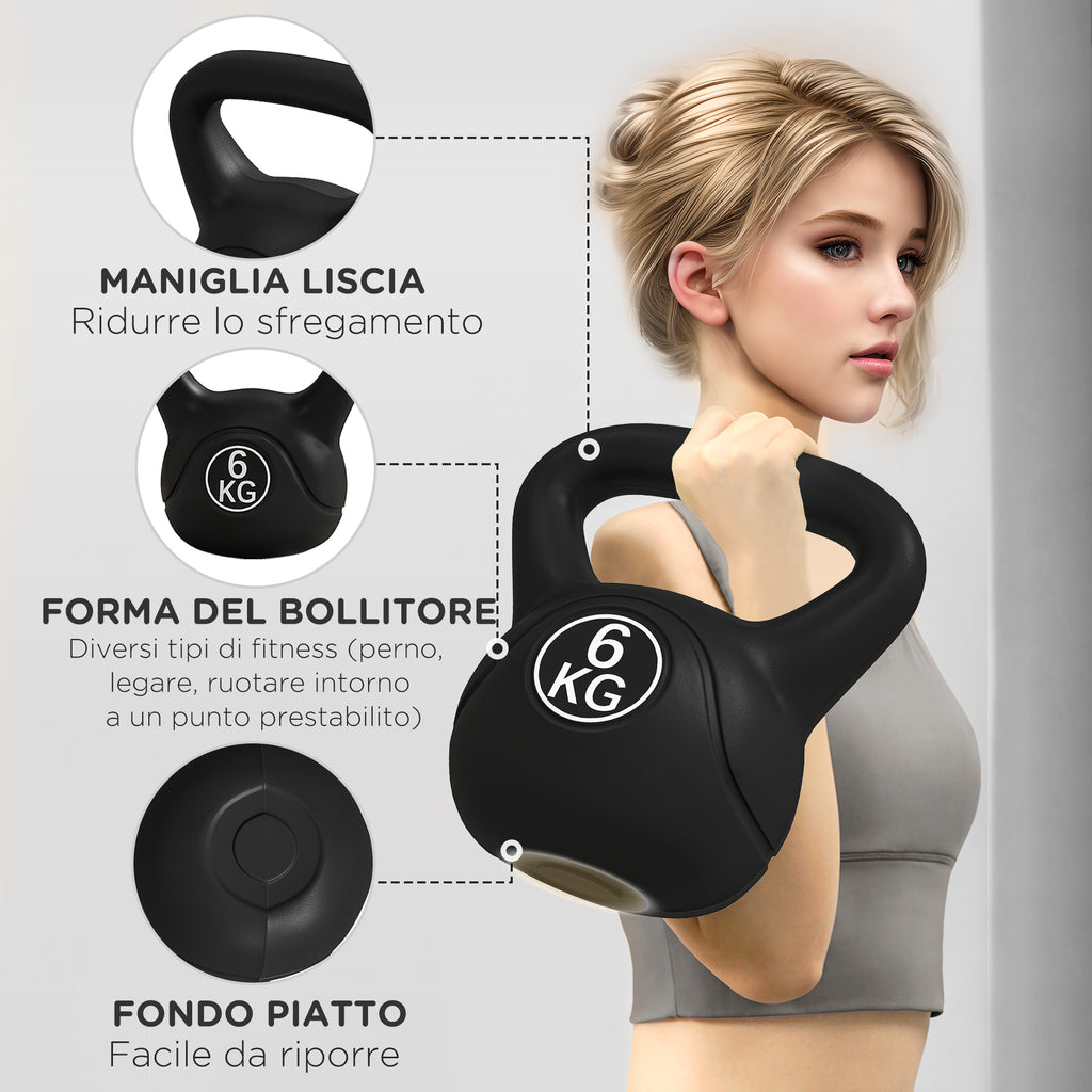 Kettlebell 6kg in Plastic and Sand with Flat Base and Handle, 20x13x22 cm, Black