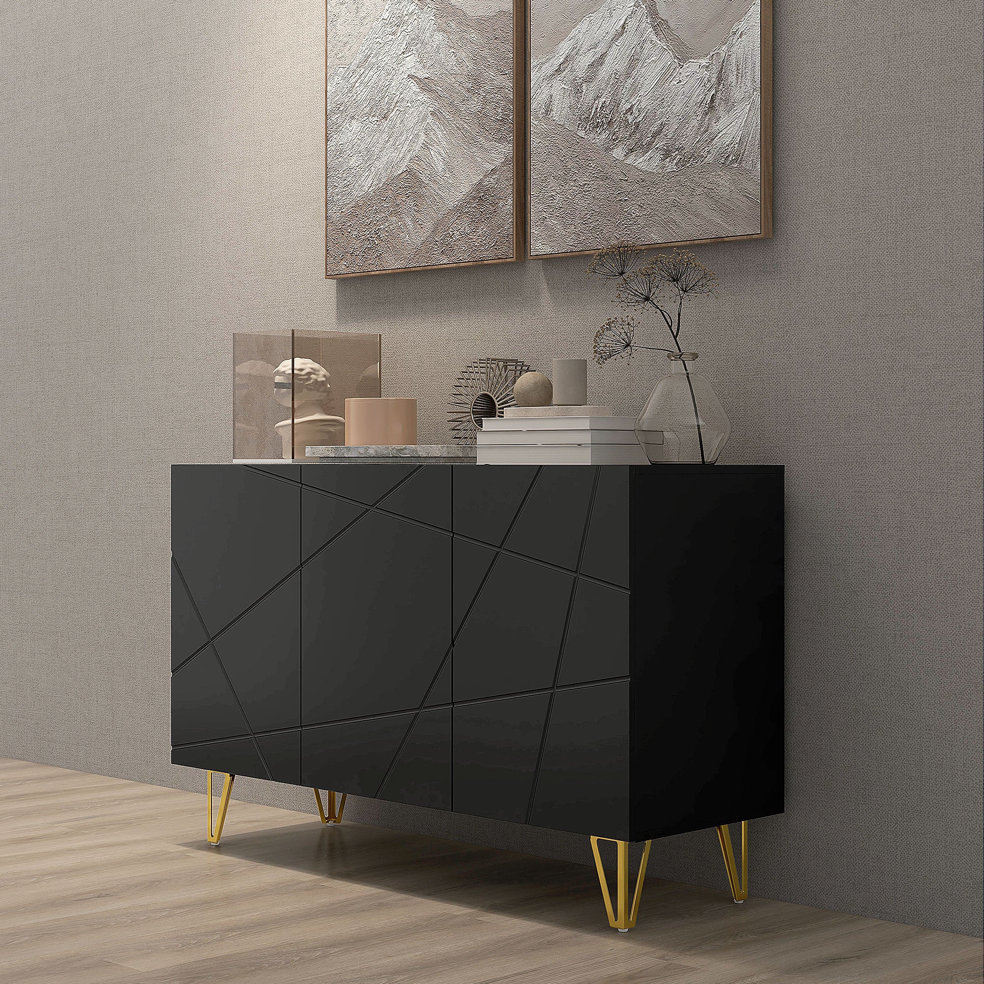 HOMCOM Storage Unit with 2 Cabinets and Adjustable Shelf, in Chipboard and Metal, 120x40x75 cm, Black and Gold - Borgè