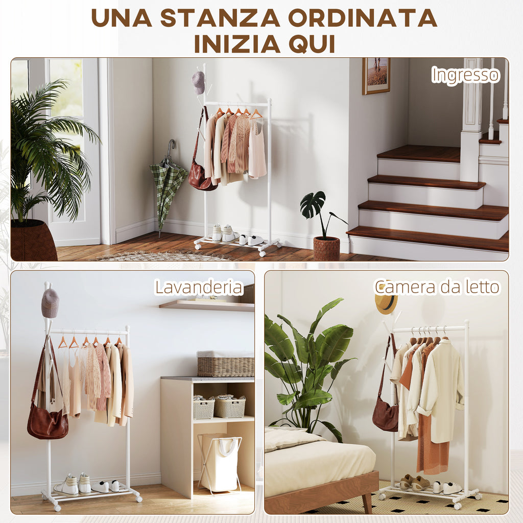 Freestanding Coat Rack with Wheels, 5 Hooks and Lower Shoe Shelf, White