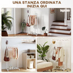 Freestanding Coat Rack with Wheels, 5 Hooks and Lower Shoe Shelf, White