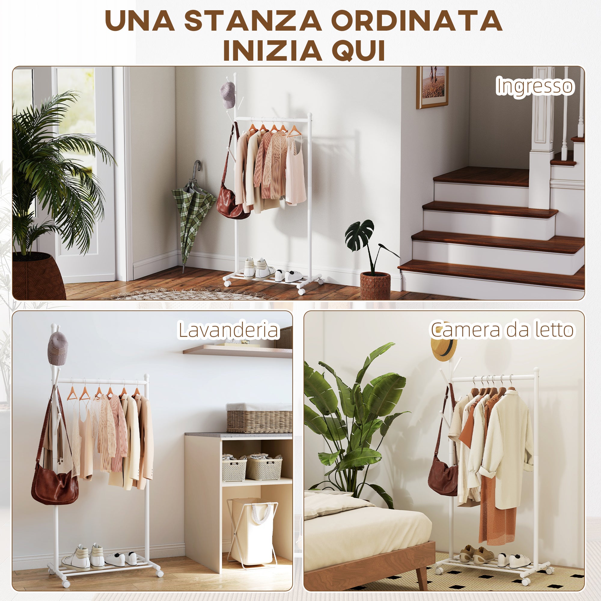 Freestanding Coat Rack with Wheels, 5 Hooks and Lower Shoe Shelf, White