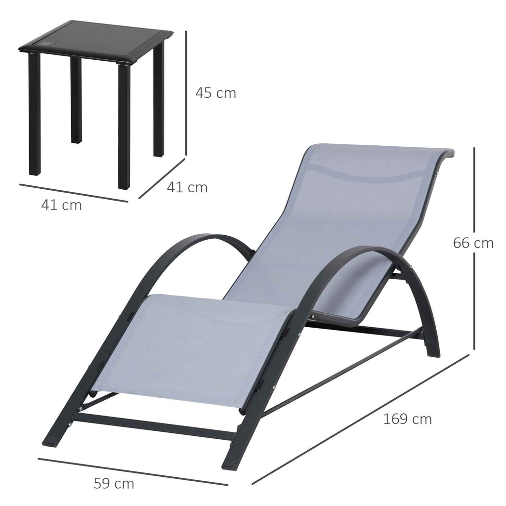 Outsunny Set of 2 Sun Loungers and Coffee Table with Glass Top, 59x169x66 cm, Light Grey