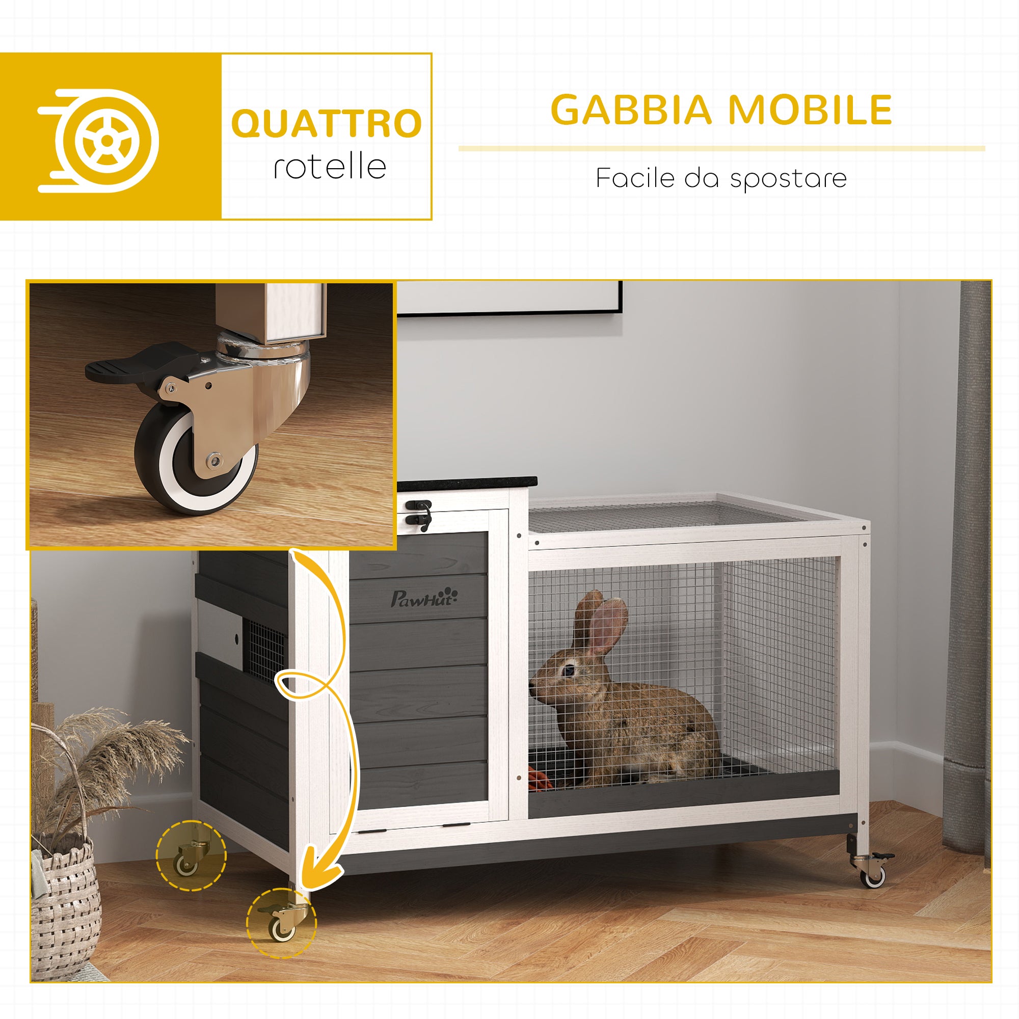 Outdoor Rabbit Hutch on Wheels with Removable Tray, in Fir Wood and Steel, 91x51x66 cm, Multicolor