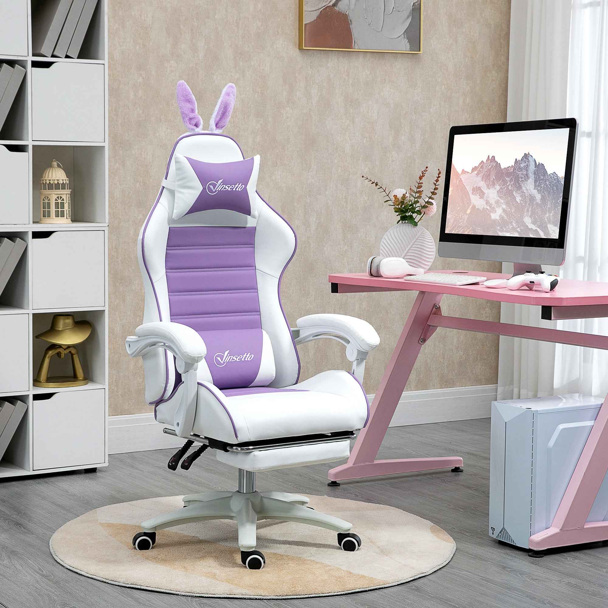 Vinsetto Gaming Chair with Rabbit Ears, Footrest, Cushions, Reclining and Adjustable Height, Purple