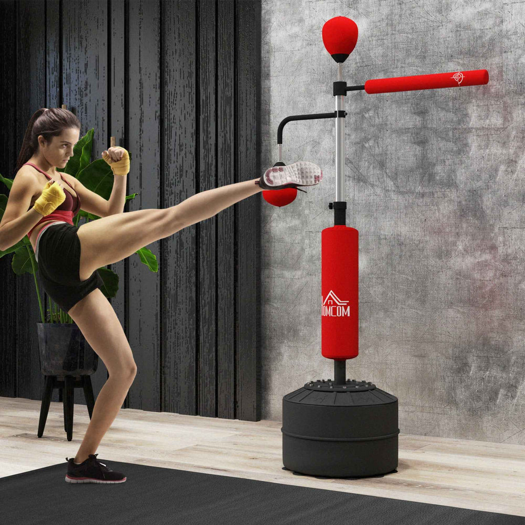 HOMCOM 4-in-1 Freestanding Punching Bag with 2 Speedballs, Rotating Bar and Punching Bag, Adjustable Height from 160-230cm, Red