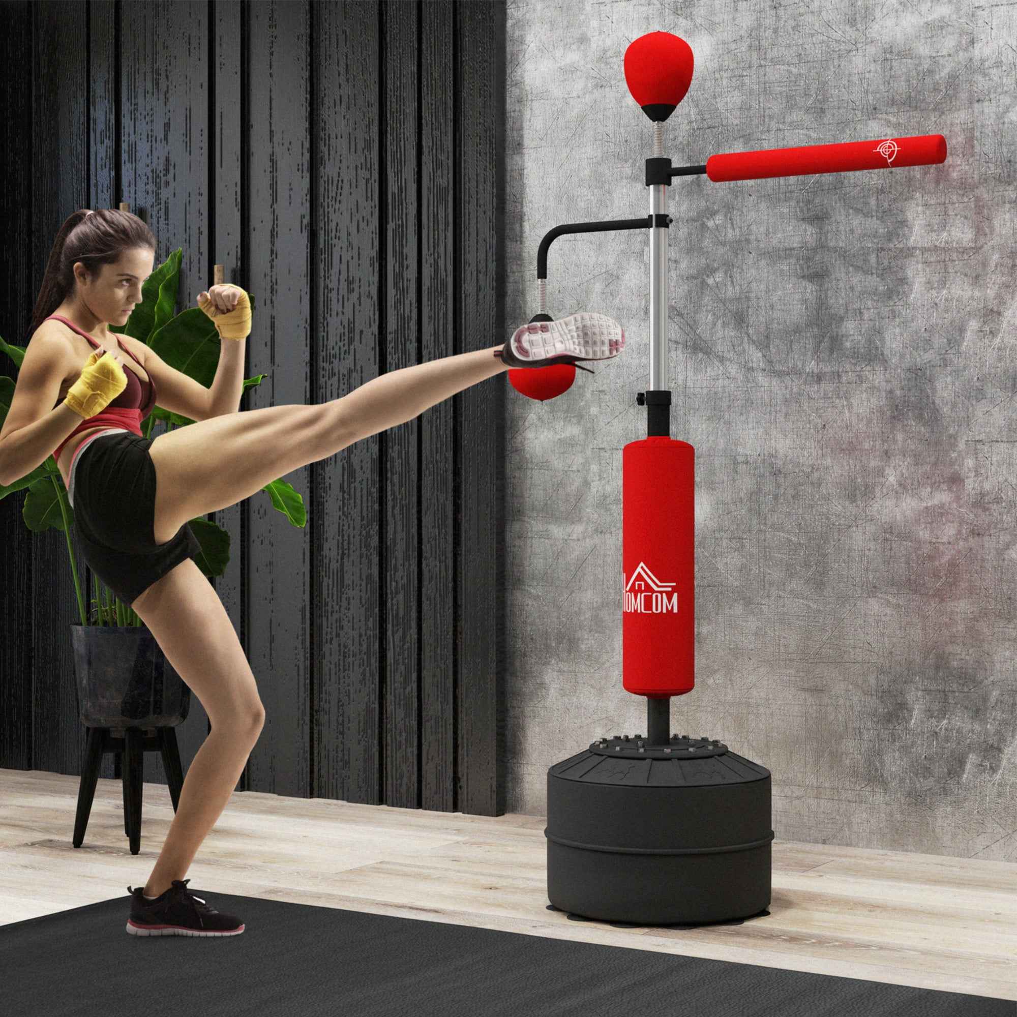 HOMCOM 4-in-1 Freestanding Punching Bag with 2 Speedballs, Rotating Bar and Punching Bag, Adjustable Height from 160-230cm, Red