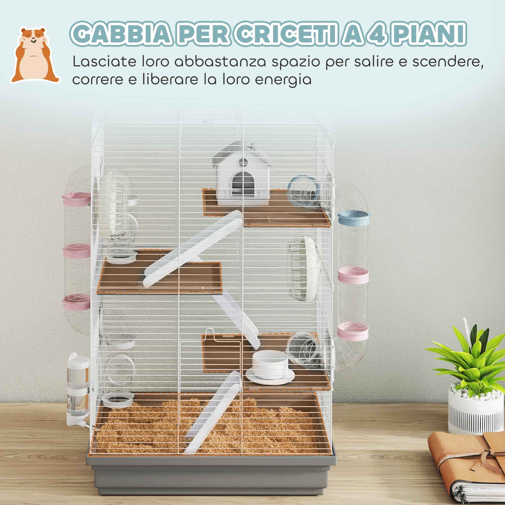 PawHut 4-Tier 16-Tube Hamster Cage with House, Ramp, and Accessories, Metal and Plastic, 47x30x70 cm, Grey