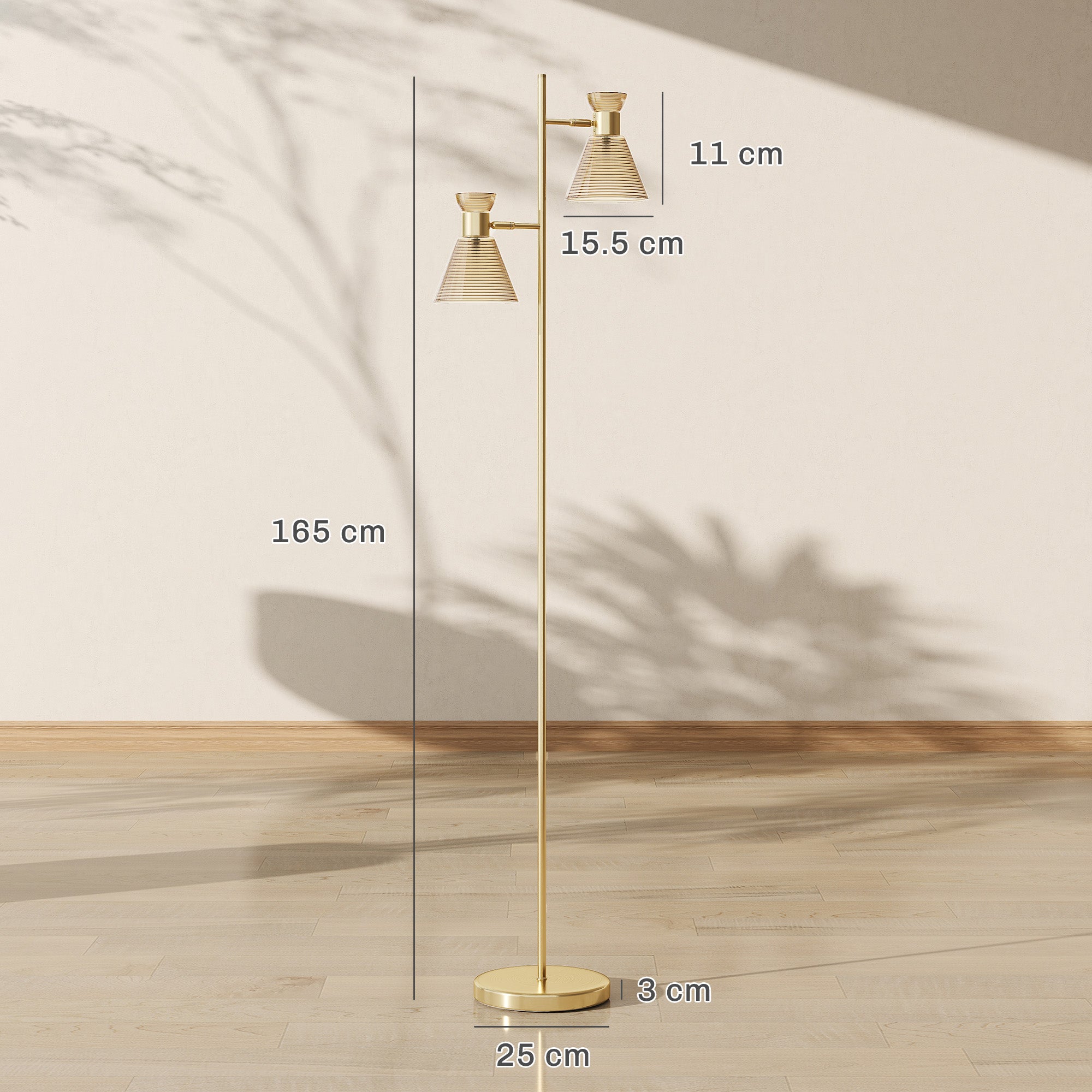 Modern Floor Lamp with 2 Lights and Adjustable Heads, Foot Switch, Gold