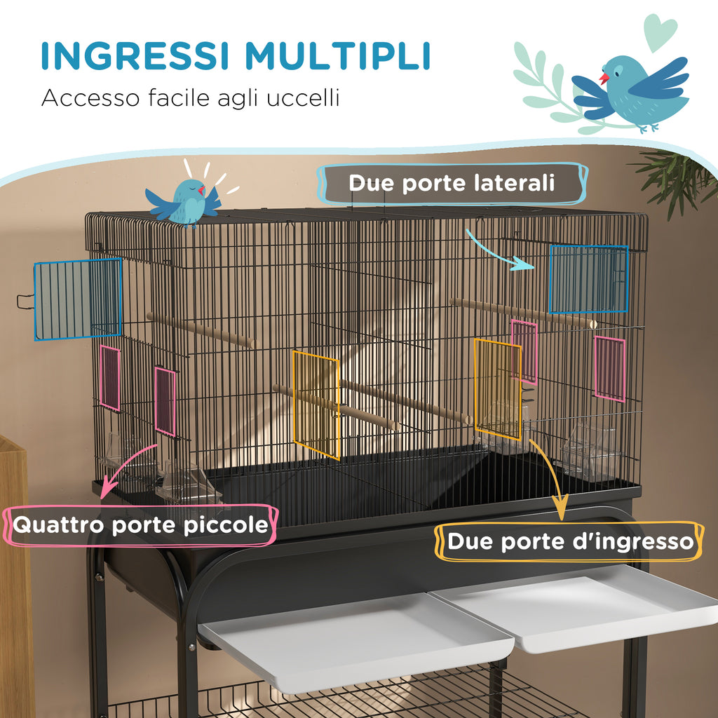 PawHut Indoor Bird Cage with Tray, Shelf and Wheels with Brakes, 85x49x119 cm, Black