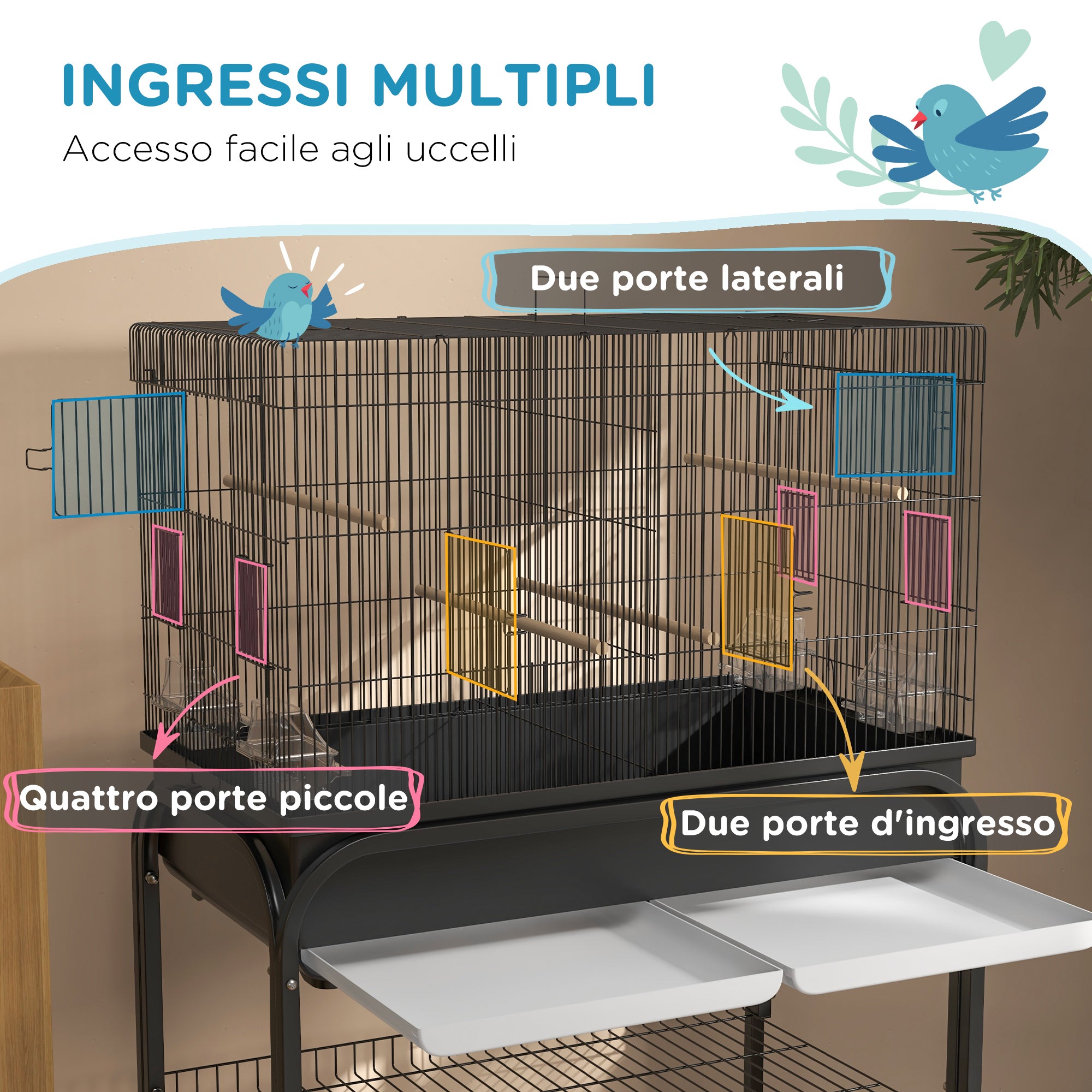 PawHut Indoor Bird Cage with Tray, Shelf and Wheels with Brakes, 85x49x119 cm, Black
