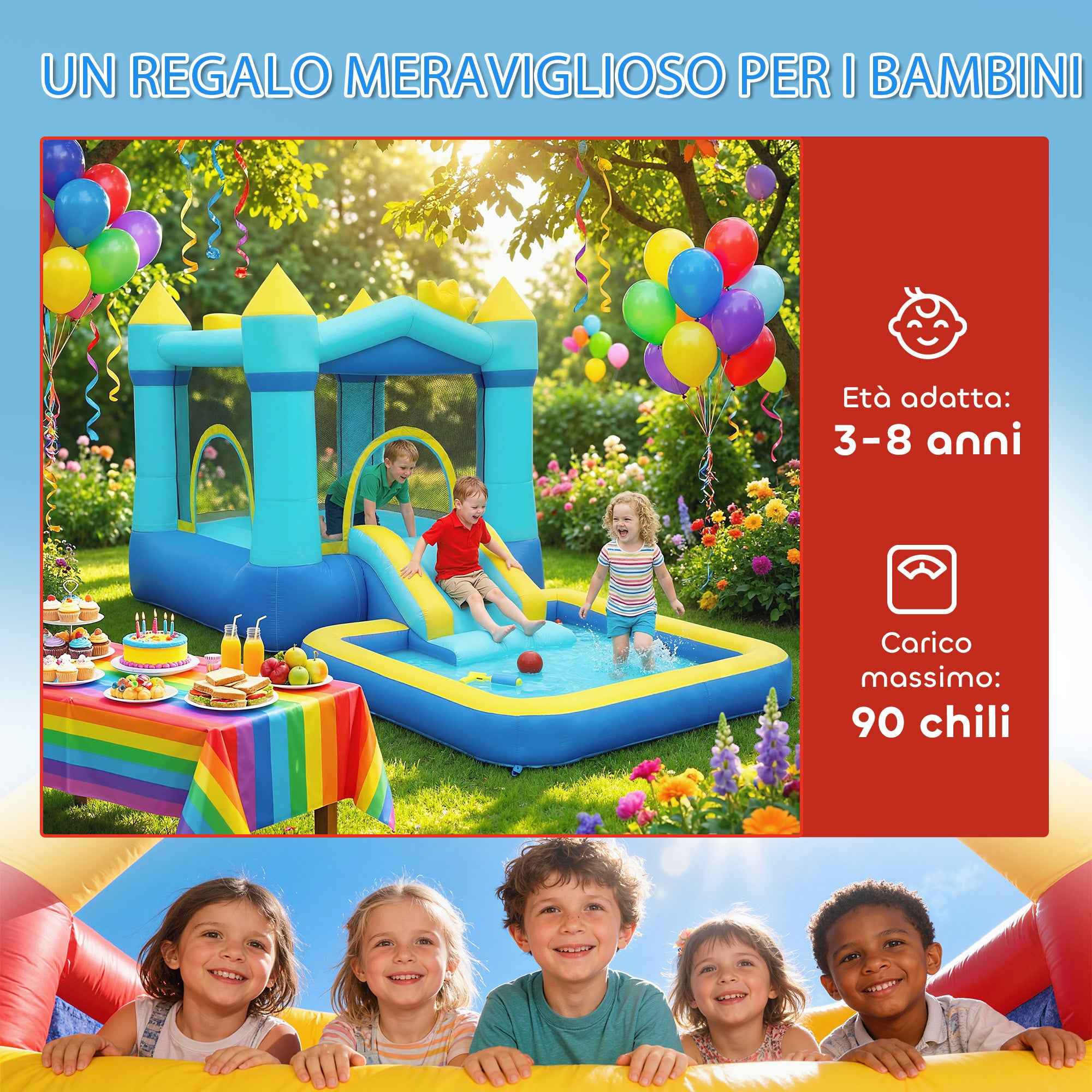 4-in-1 Inflatable Castle for Kids, Slide, Trampoline, Ball Pool/Water Playground, Basketball Hoop, Ages 3-8, Blue