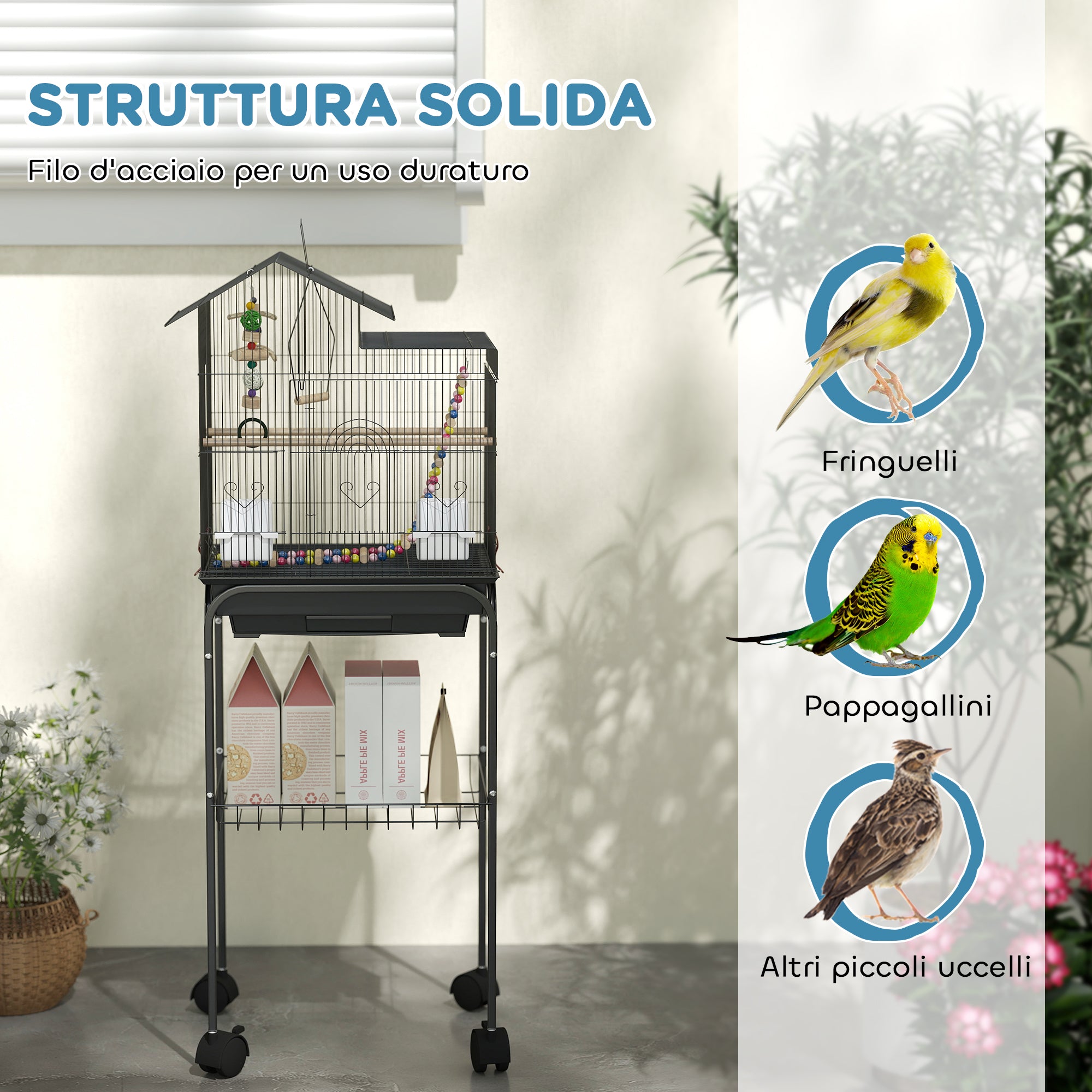 Bird Cage with Pedestal, Swivel Wheels, Shelf and Accessories, 46x36x120 cm, Black