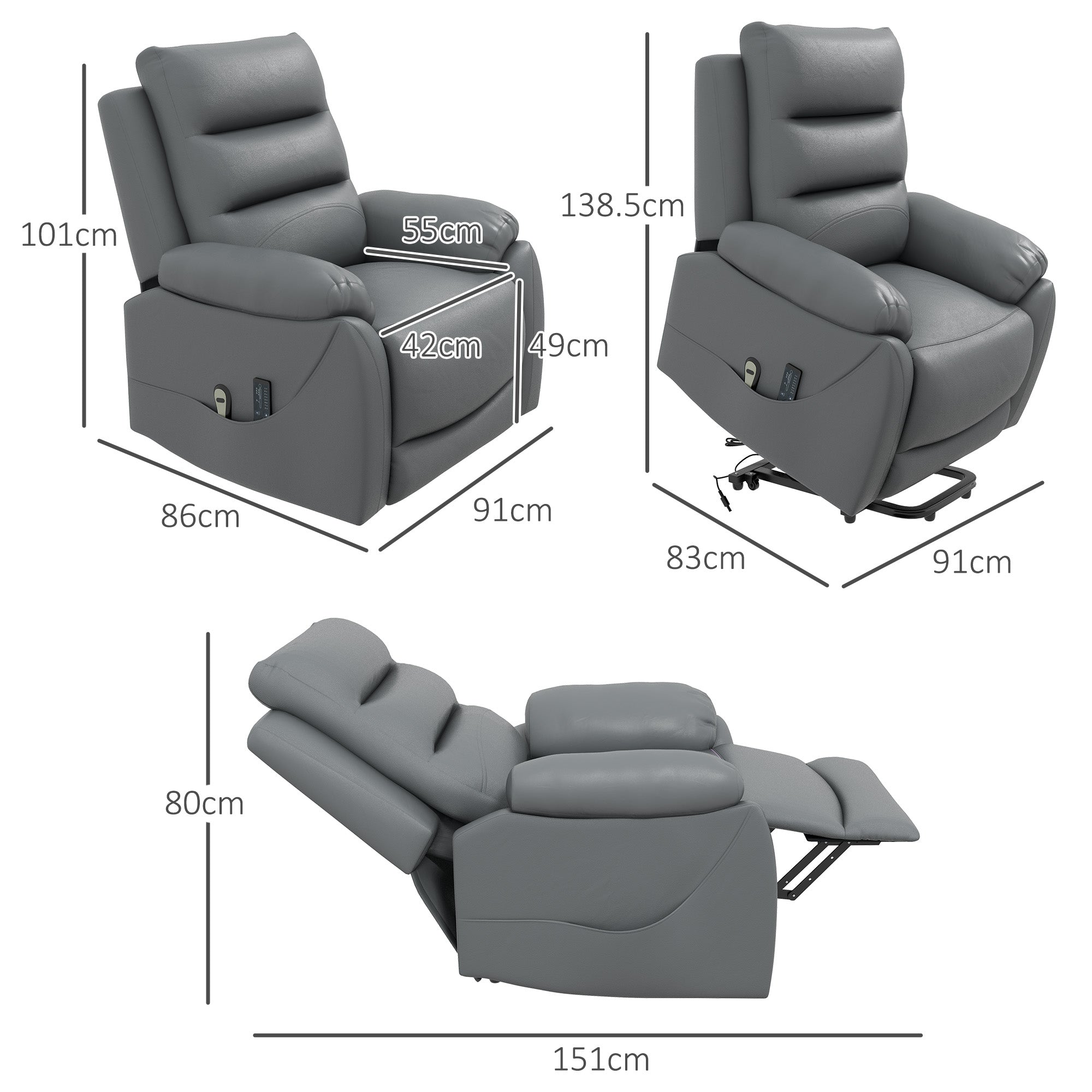 Lift Chair Reclining up to 135° with 8 Massage Points, Remote Control and Footrest, 91x86x101 cm