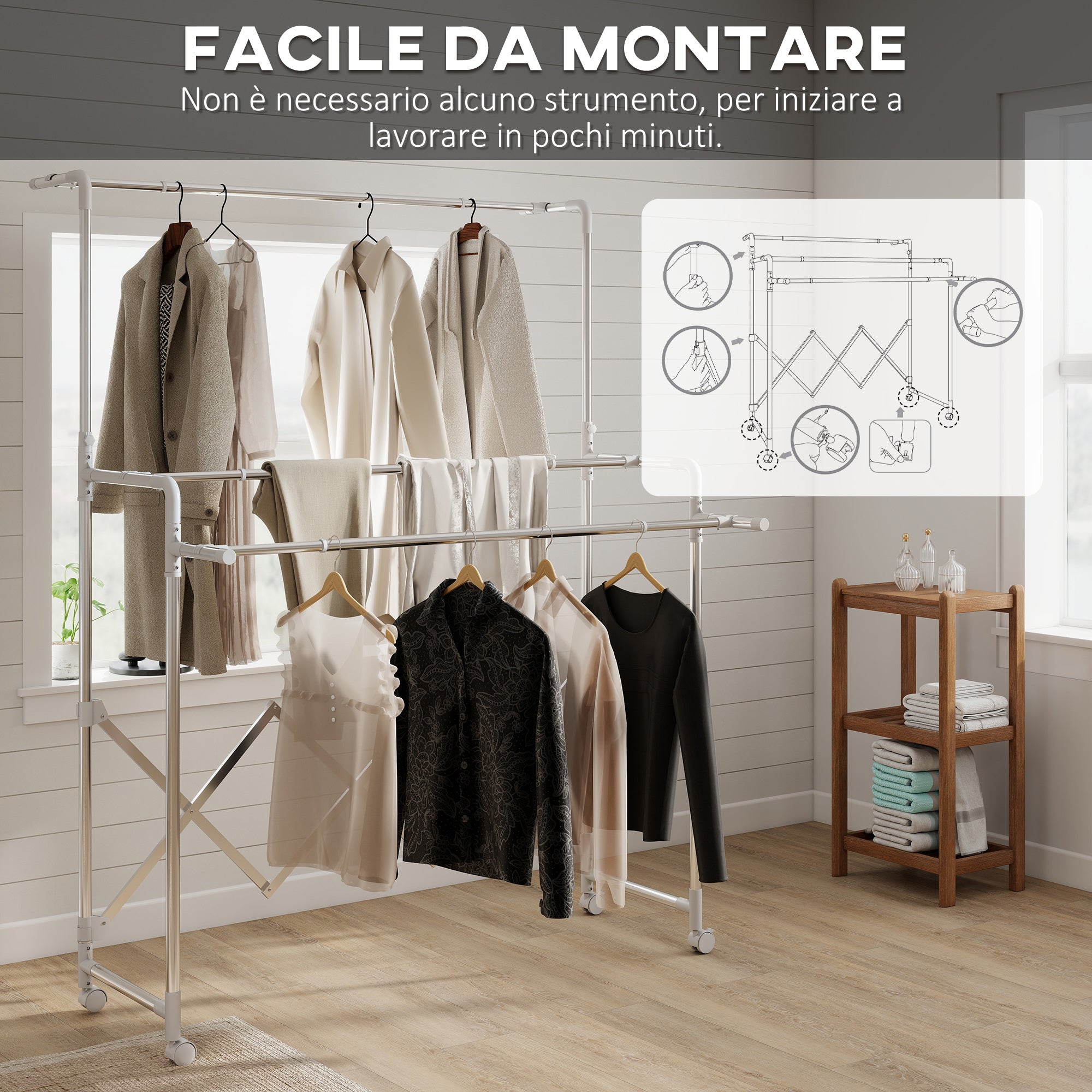 Folding Clothes Airer with 3 Adjustable Bars, Swivel Wheels and Stainless Steel Frame, Silver