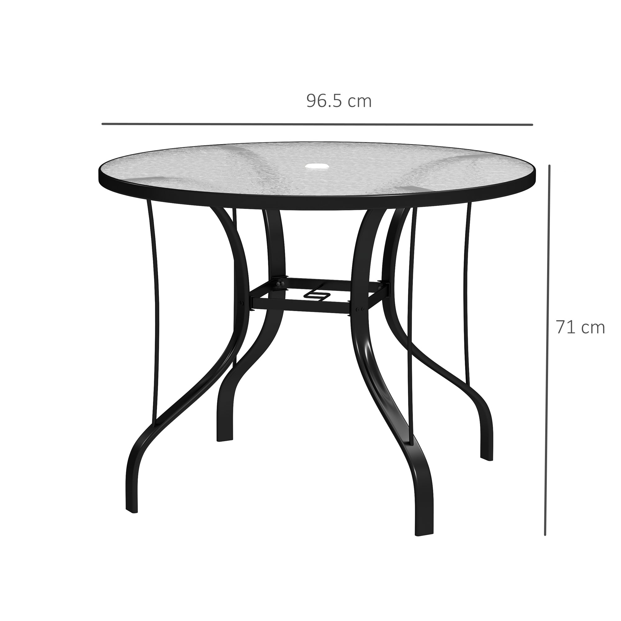 Round Garden Table with Umbrella Hole, in Metal and Tempered Glass, Ø96.5x71 cm, Black