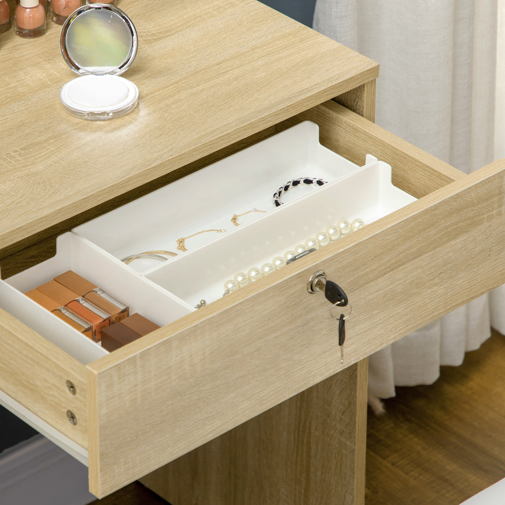 Dressing Table with Mirror, Dressing Table, Stool, 4 Drawers and 4 Shelves, Wood Color