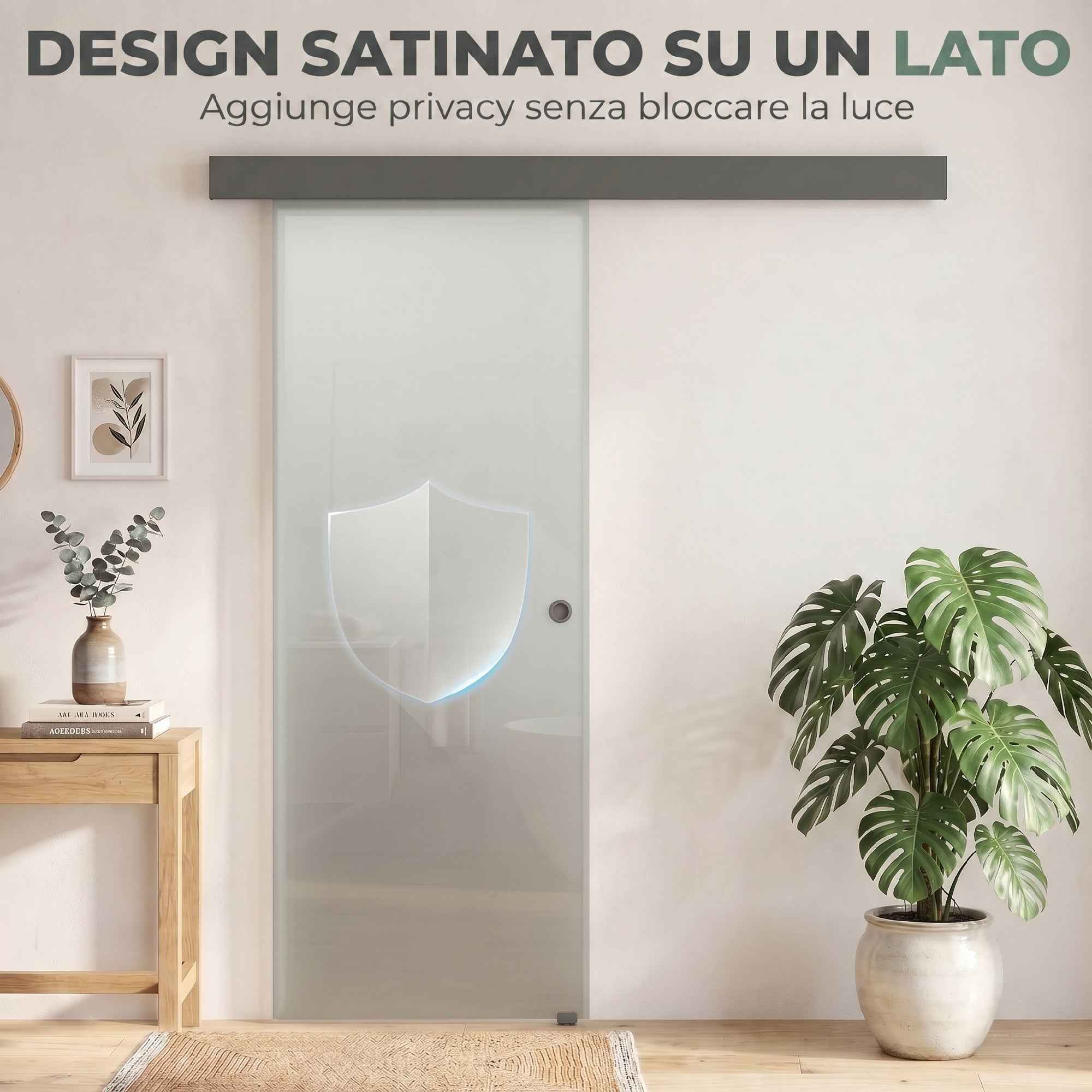 HOMCOM Sliding Door in Sandblasted Tempered Glass with Silent Track and Guide, 77.5x205 cm, Transparent
