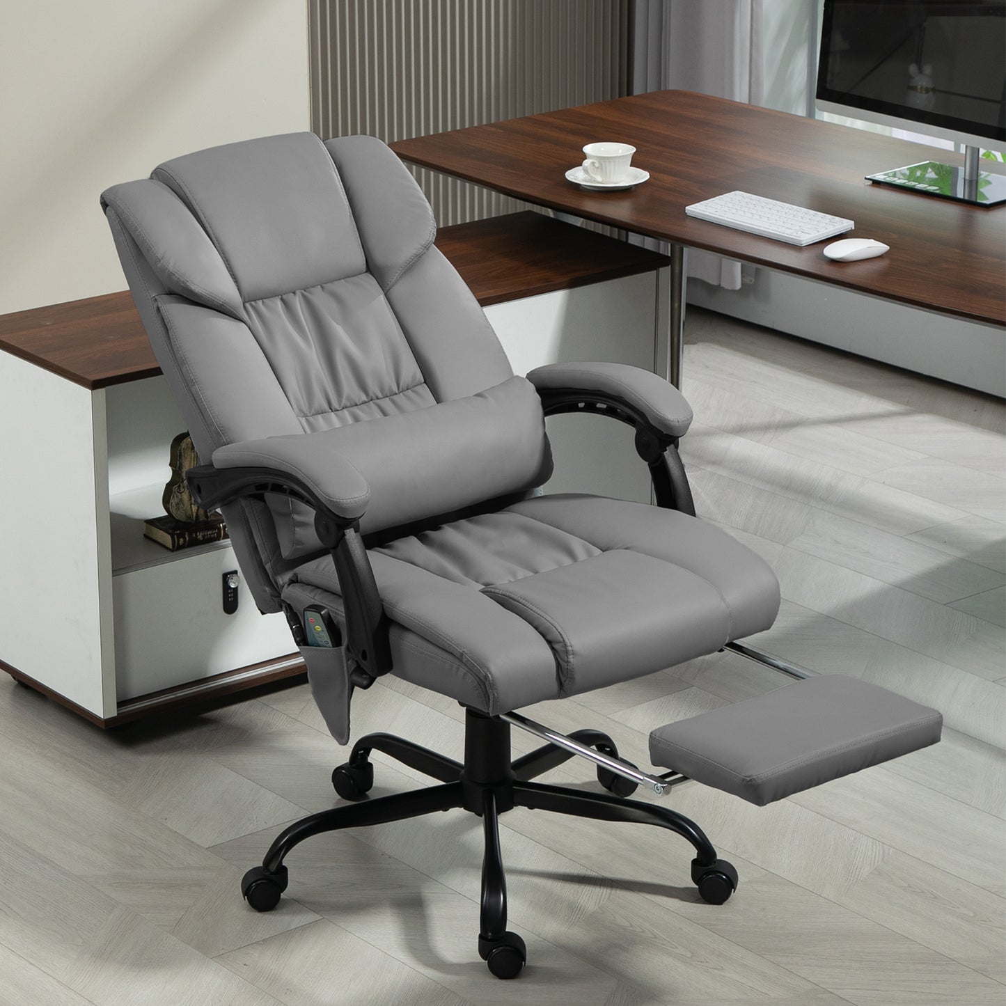 Massage and Recliner Chair with Footrest, in Faux Leather and Steel, 66x75x112-122 cm, Grey