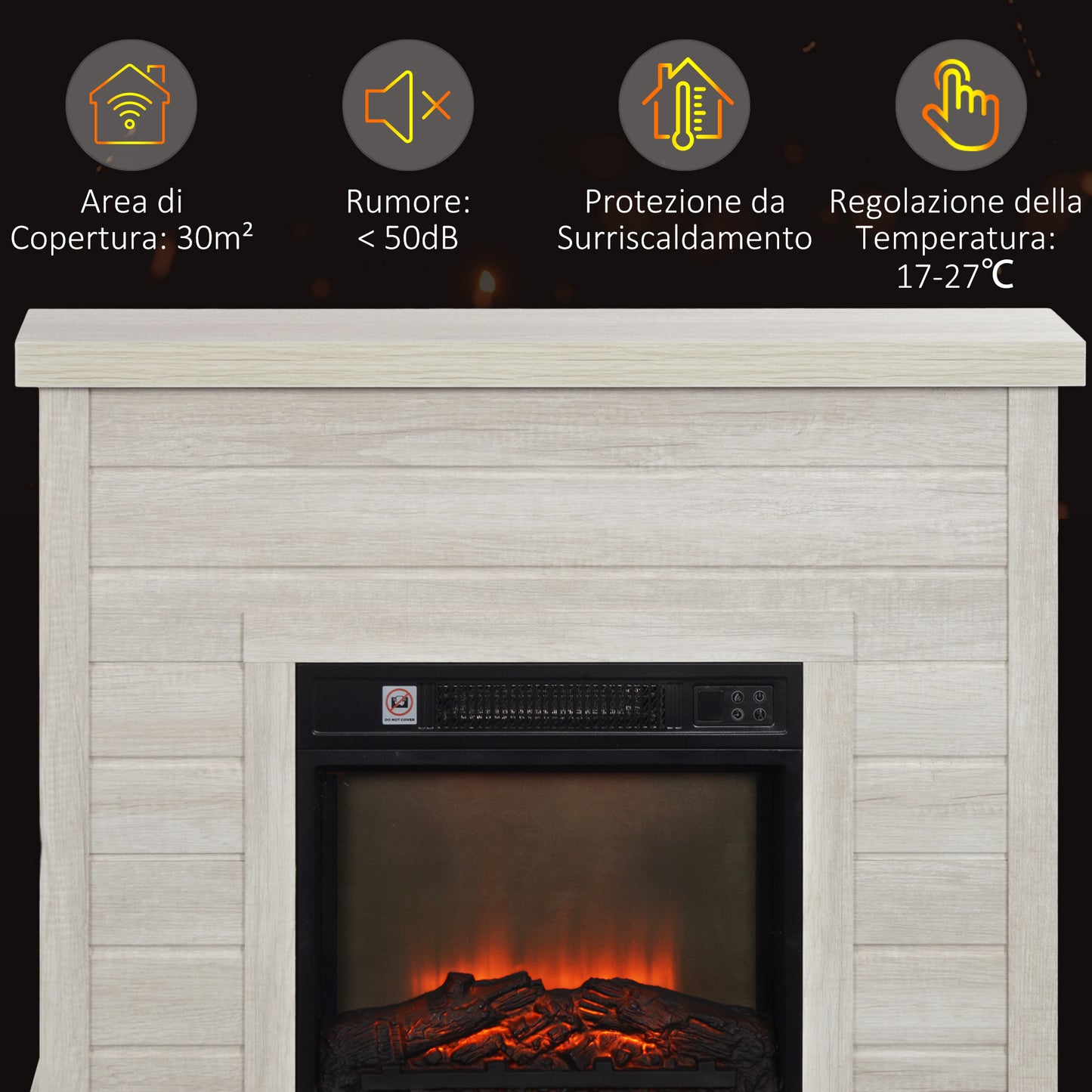 Electric Fireplace 1800W with Flame Effect and Remote Control, in Wood, Metal and Glass, 96.5x22x81.7 cm, Light Grey