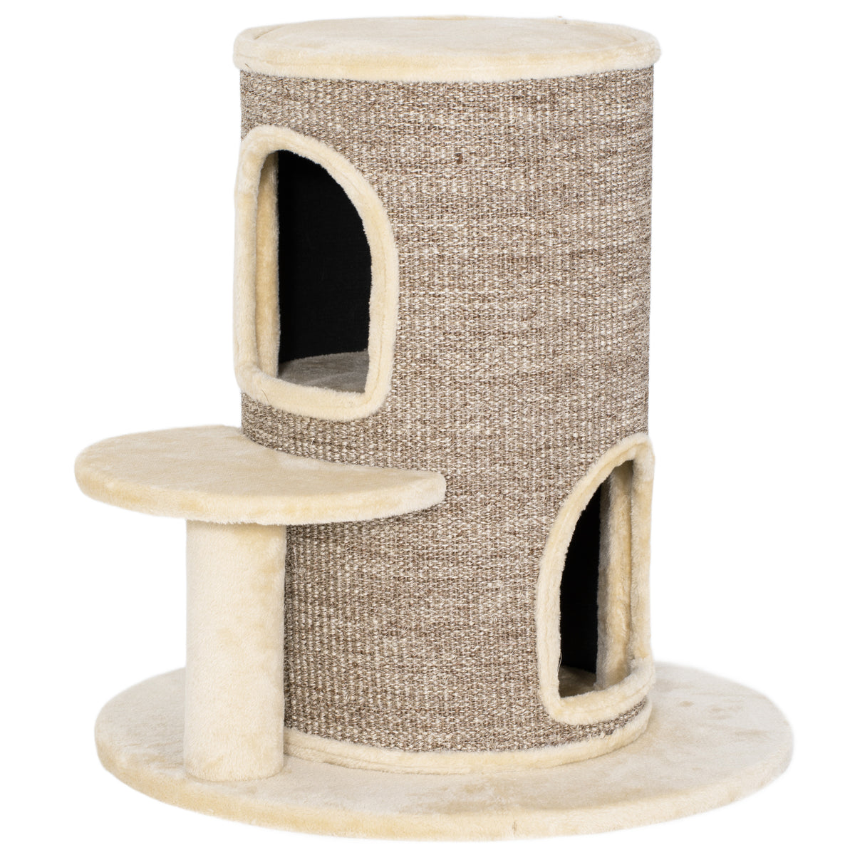PawHut 2-Tier Cat Tower with 2 Hides, Platform, Sisal Surface, 60x60x 61 cm, Beige and Brown