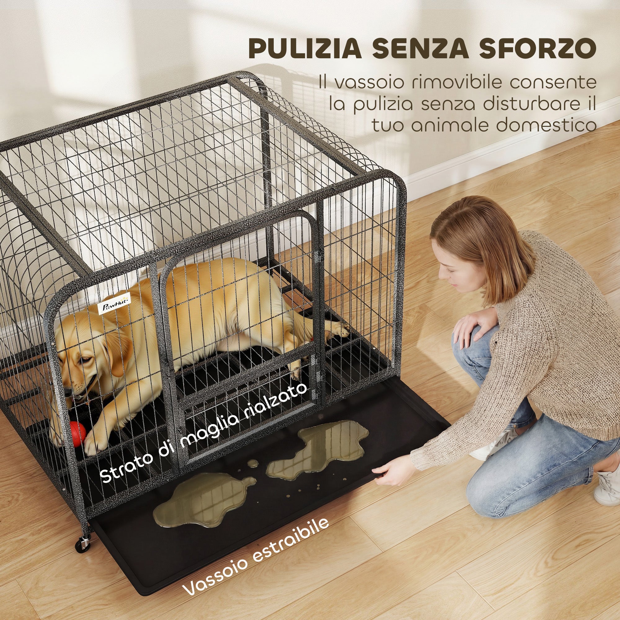 PawHut Steel Dog Cage with Wheels, 3 Doors, Removable Tray and Secure Lock, Black