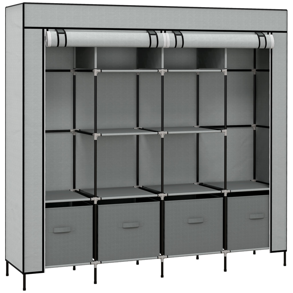 Fabric and Steel Wardrobe with 10 Shelves, 4 Drawers and Hinged Doors, Grey