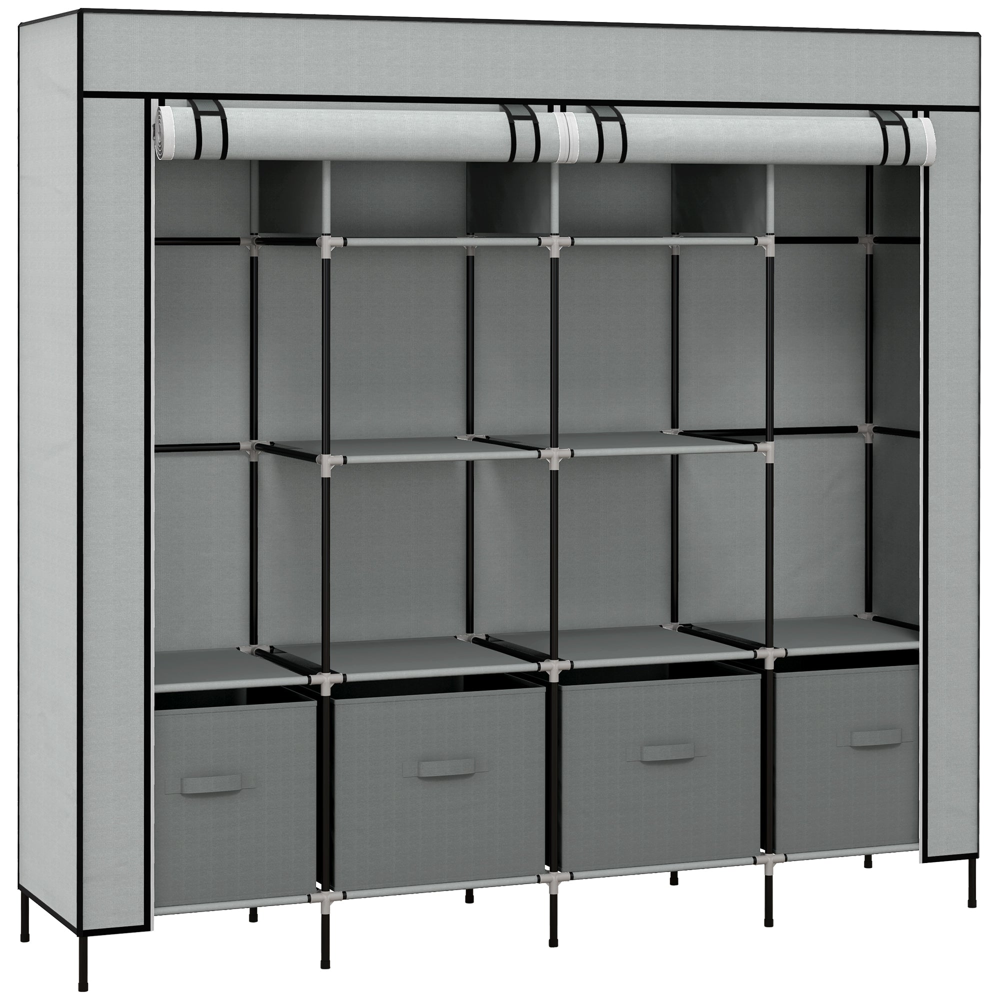 Fabric and Steel Wardrobe with 10 Shelves, 4 Drawers and Hinged Doors, Grey